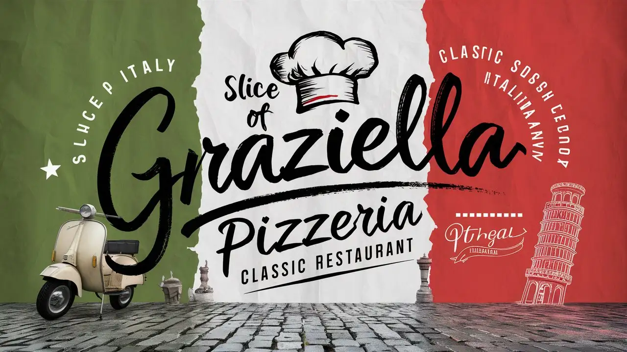 Handwriting Graziella Pizzeria logo, Restaurant logo, Italian colors, , Italian decoration, Slogan, Slice of Italy, Chef hat sketch,