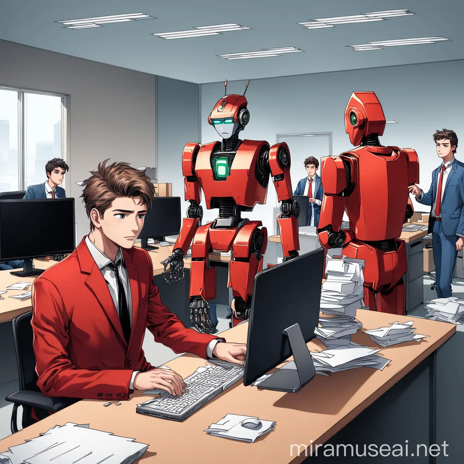 Robots sit at the desk in the office and work on the computer.
The employees pack up and are evicted from the office.
The 20-year-old handsome man watches the situation.
The 20-year-old handsome man is wearing a red suit set.