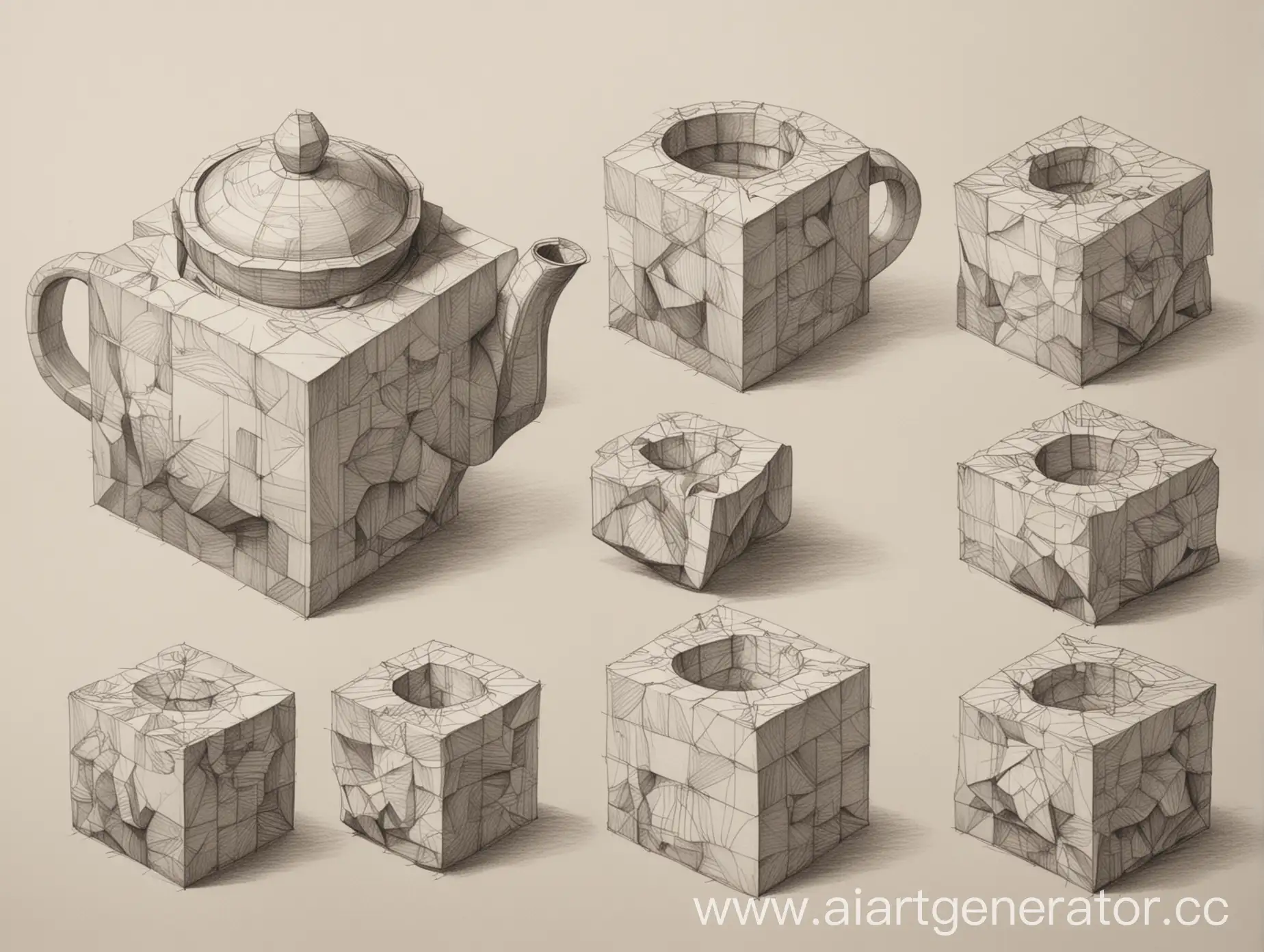Academic-Teapot-Cube-Drawing-with-Various-Volumes-and-Hatching-Technique