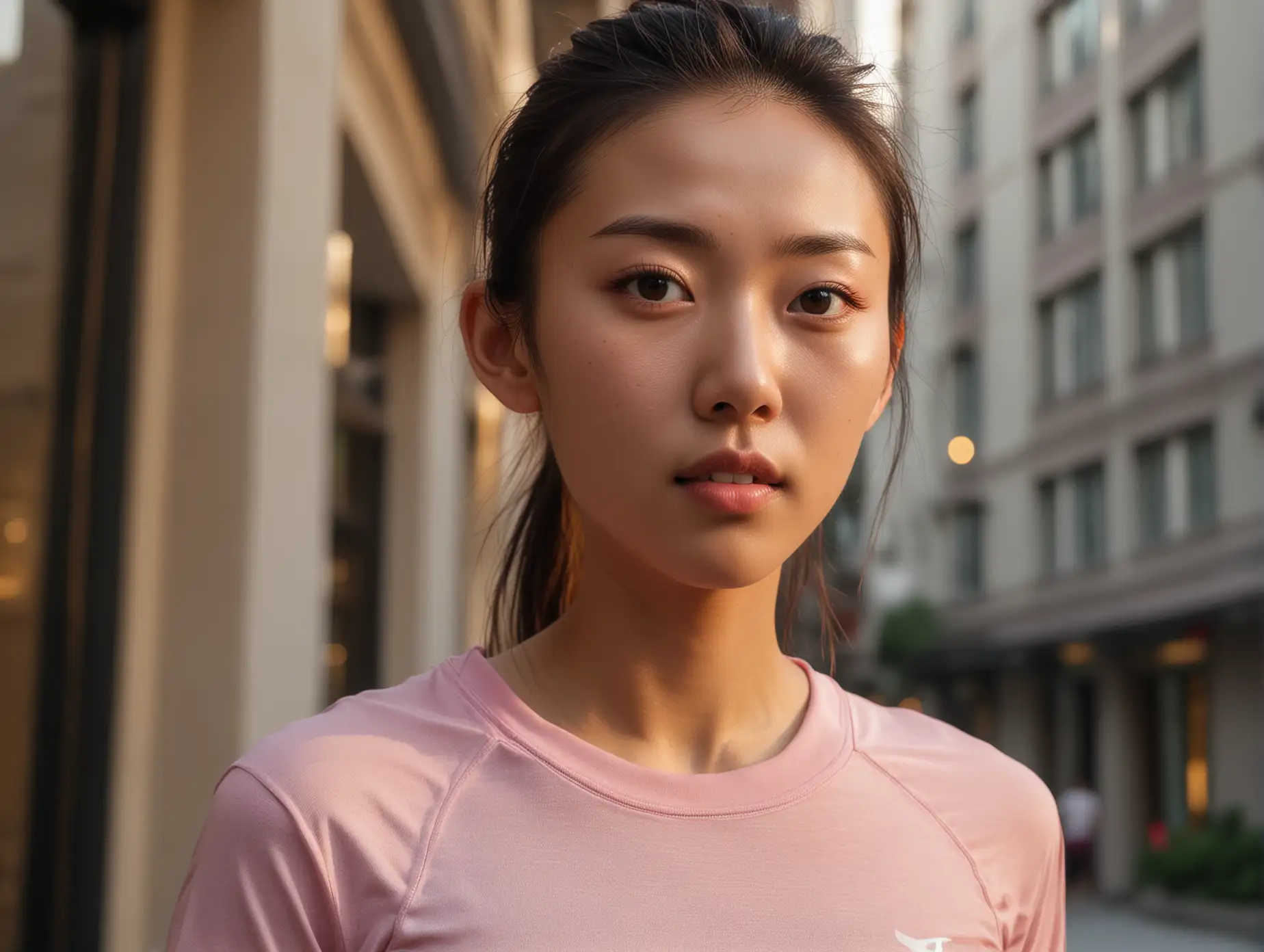 face of a beautiful petite skinny chinese college athlete without makeup in tight running clothes outside an upscale hotel in shanghai at sunrise. she is staring at the camera with an intense look of amazed excitement and fierce predatory desire.