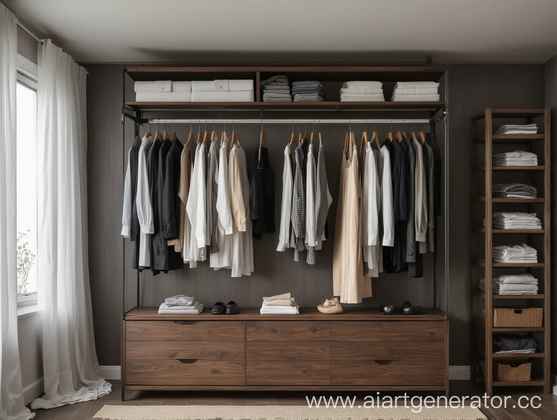Dark-Wooden-Table-in-Front-of-Wardrobe-with-Hanging-Clothes
