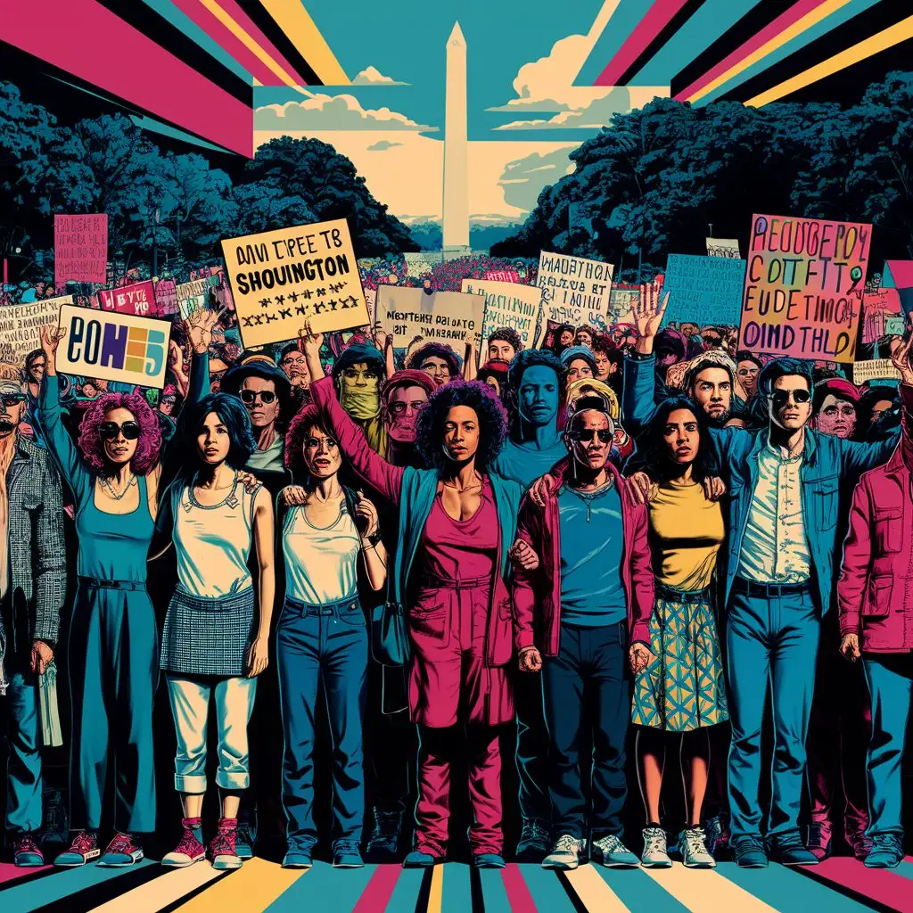 A protest crowd in Washington DC, with diverse participants (Pop Art style)