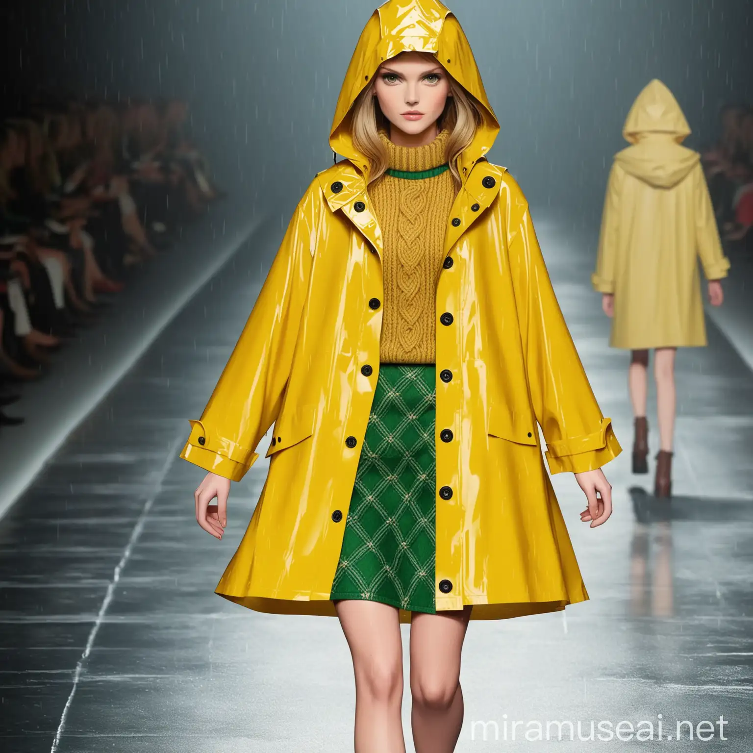 A fashion runway  yellow classic rain coat with a  fisherman Irish sweater with a skirt
