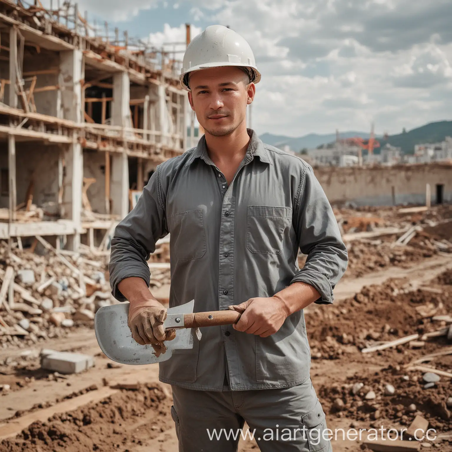 Construction-Worker-with-Trowel-and-Helmet-on-Site
