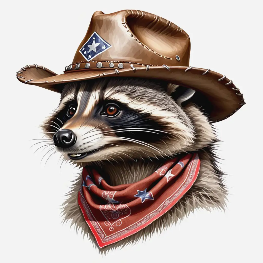realistic detailed raccoon head with cowboy hat and bandana sideview photo