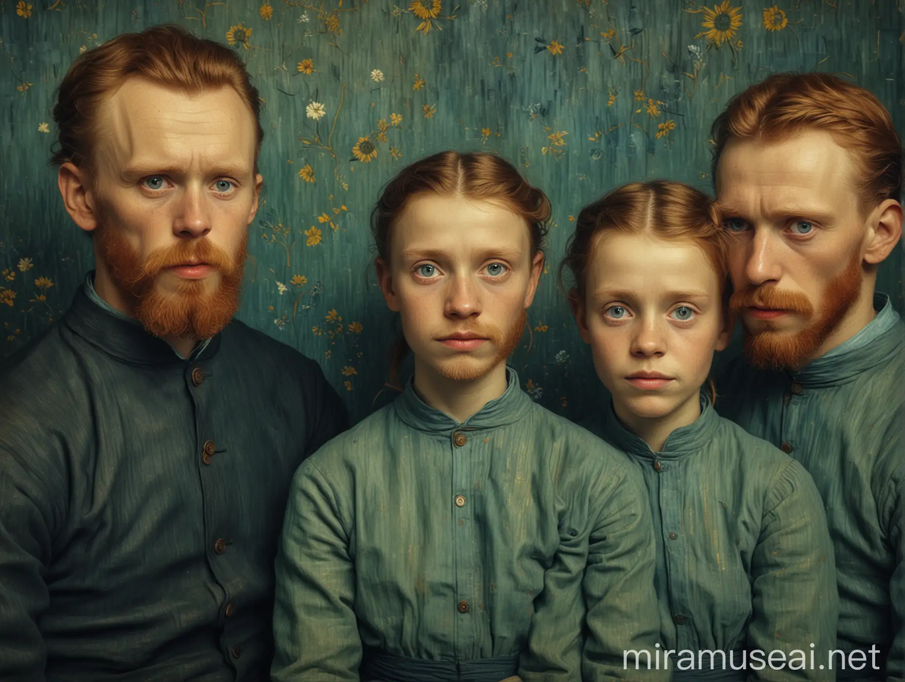Make this uploaded image into the style of van Gogh, in the picture you see three brothers and one sister, the sister is the one on the right side , 8k