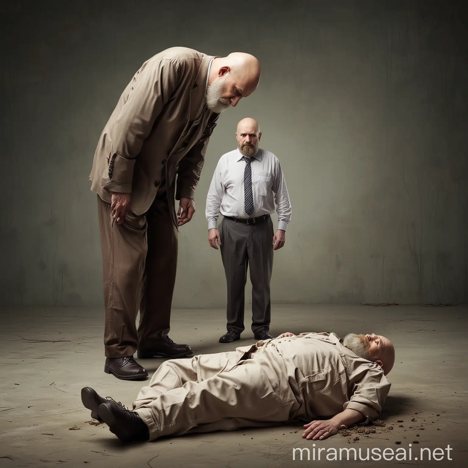 old man standing over dead bald bearded man
