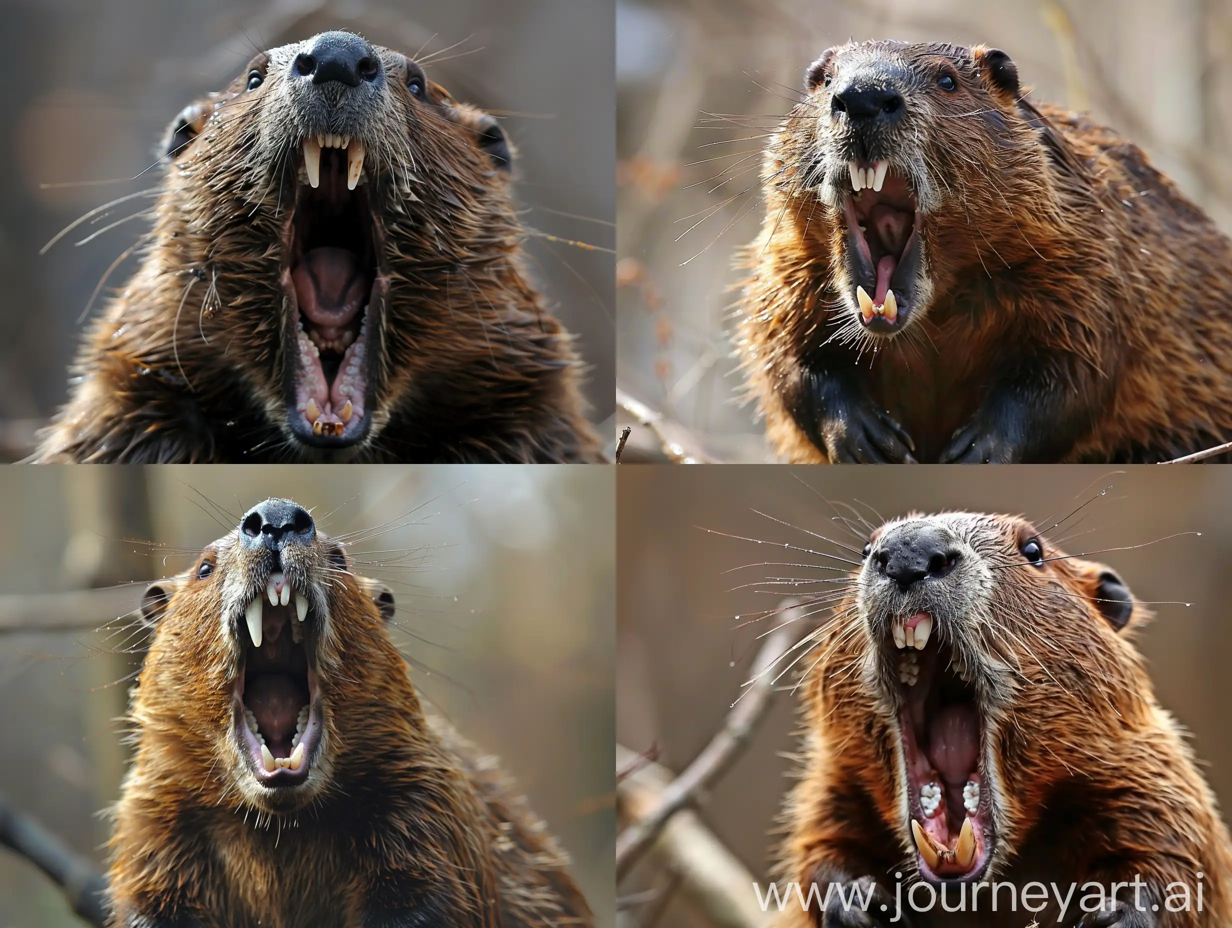 Beaver screams and screams at the top of his voice angry, full-length, big teeth upper incisors