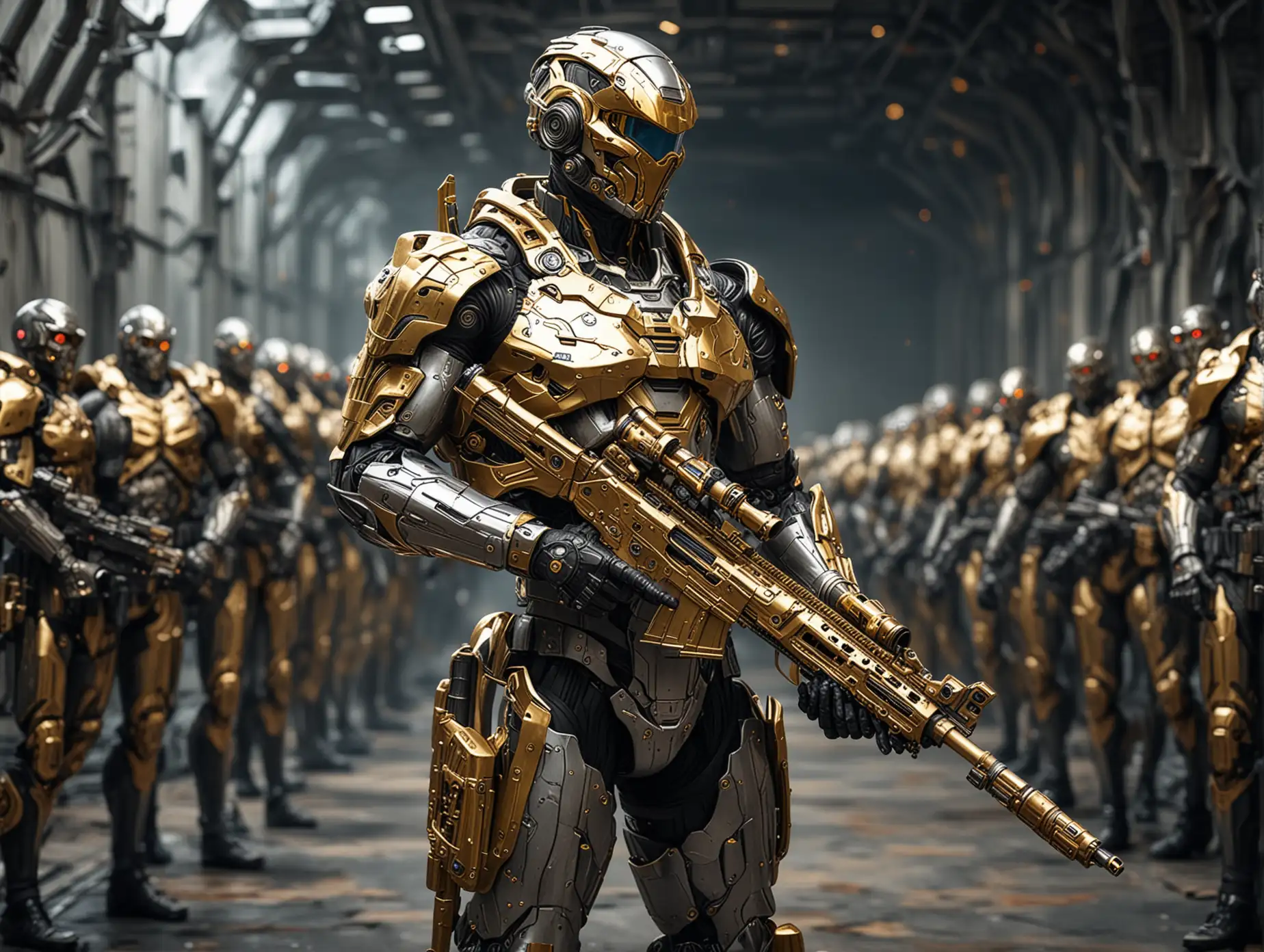 a futuristic silver gold sniper full body huge army with a lot of snipers in armor. with sci-fi background