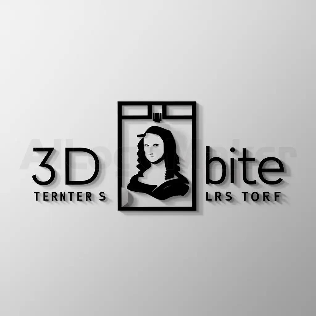 a logo design,with the text "3D Bite", main symbol:3D printer, which prints a portrait of Mona Lisa. Logo in 2D format. Letters and numbers must be readable, and the shape of 3d printer should be clear,Minimalistic,be used in Technology industry,clear background