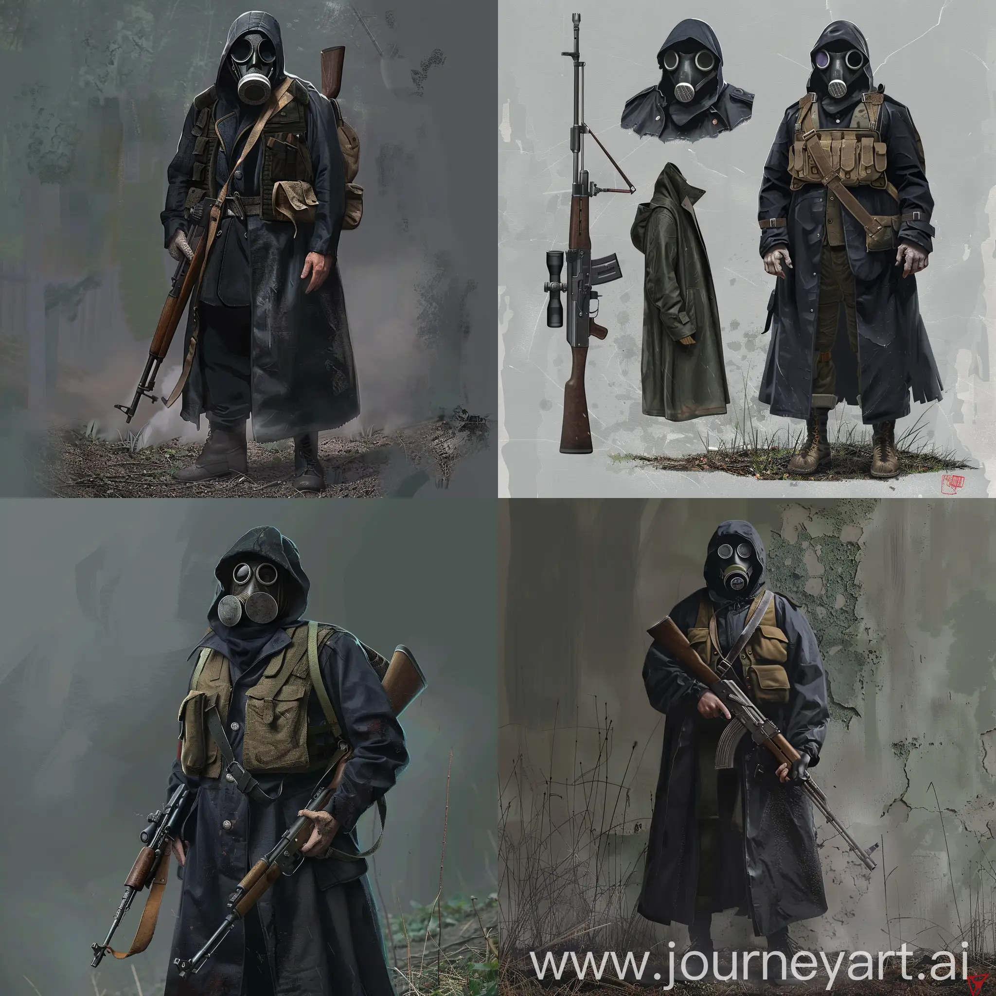 Gasmask, old dark blue uniform, dirty raincoat, sniper rifle SVD, military vest, concept character art.