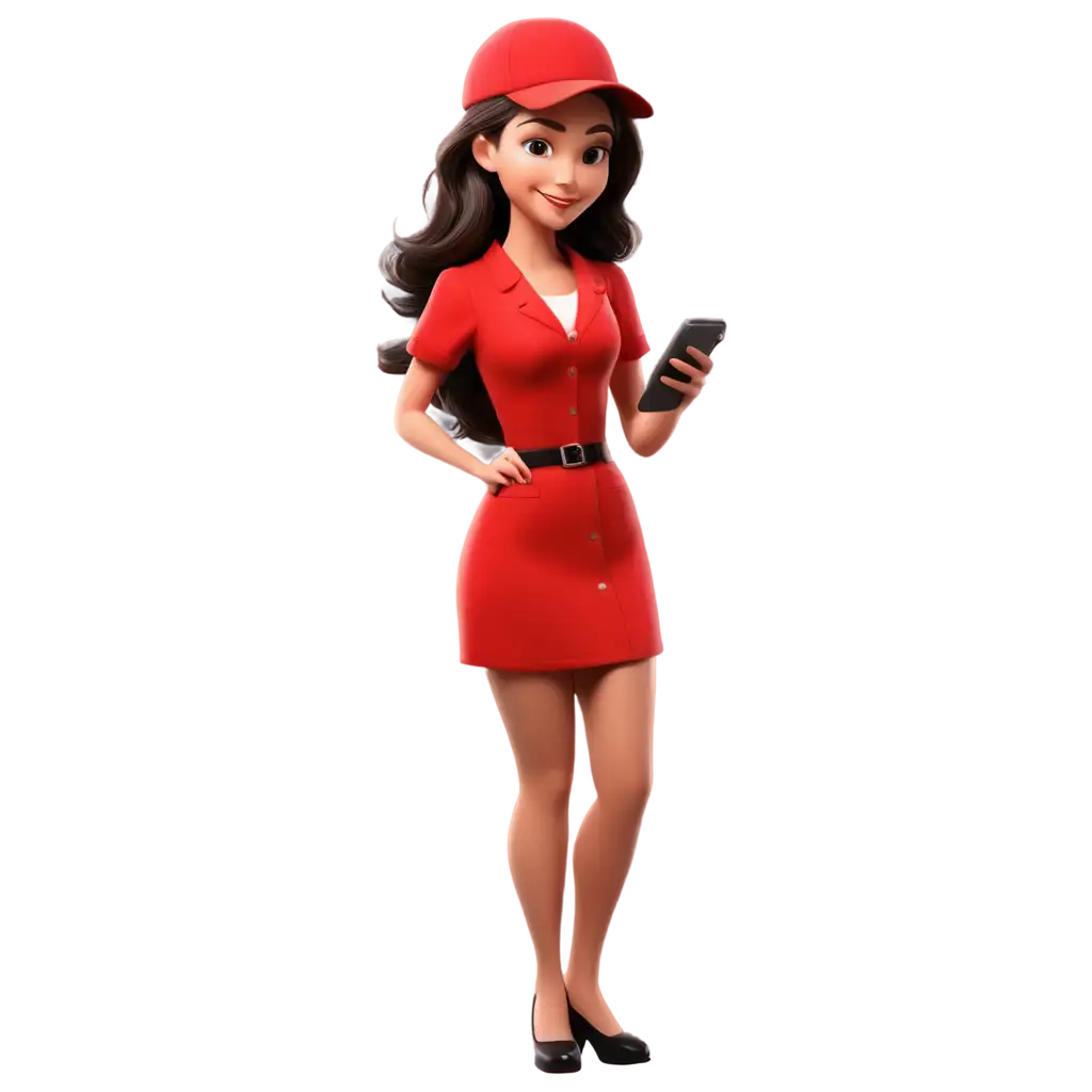 animation of cute girl cell phone service mechanic in red dress