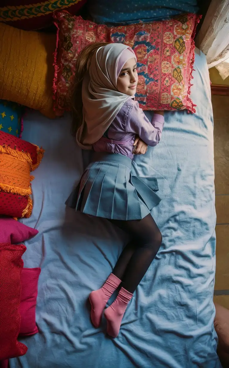 A arabian beautiful girl.  14 years old. She wears a hijab, skinny shirt, so mini school skirt, black nylon tights, pink socks, Small feets, no shoes
She is beautiful. She lie on the bed.
Bird's eye view, From behind, turn back, looks back