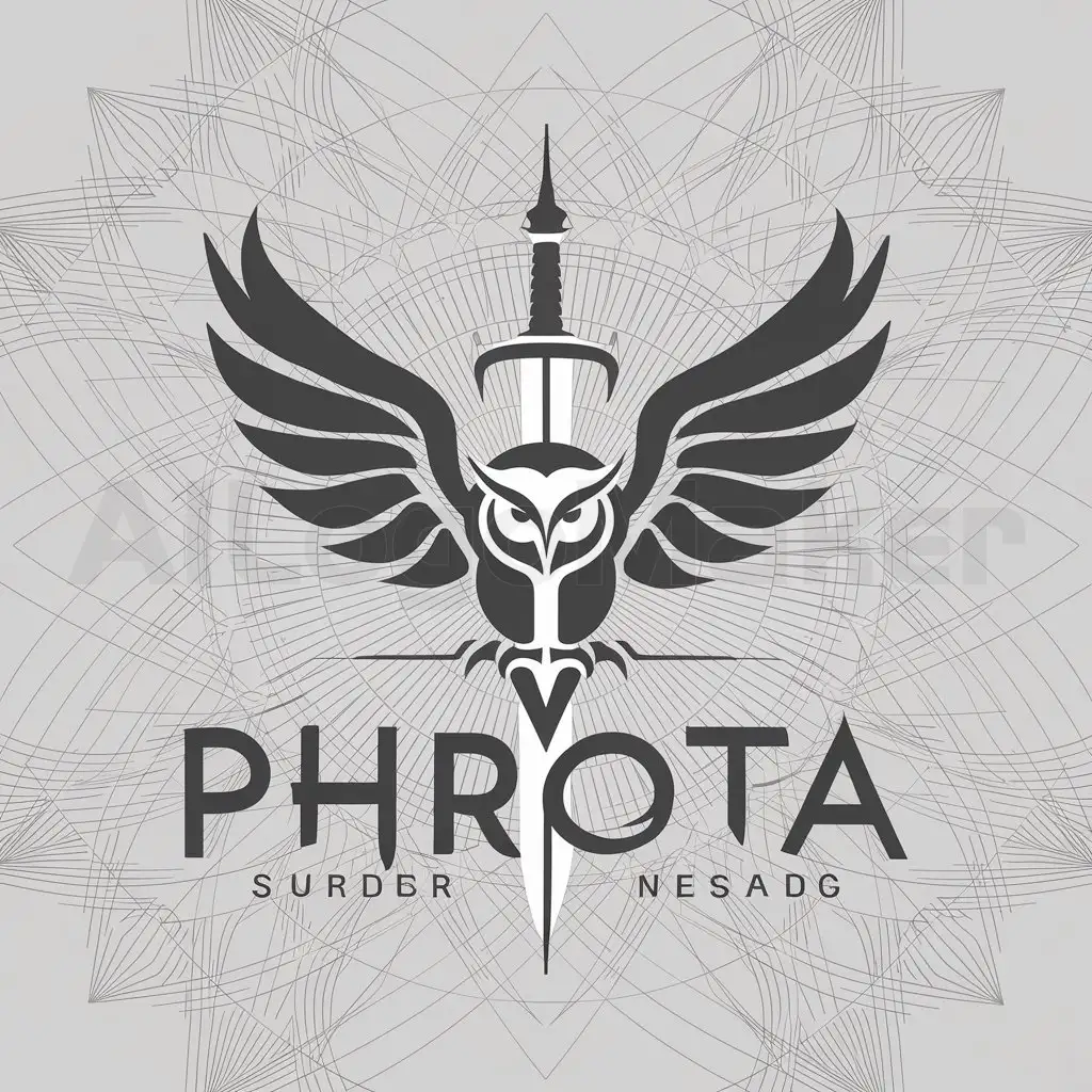 a logo design,with the text "phrota", main symbol:owl with closed wing and a sword passing through the middle,complex,clear background
