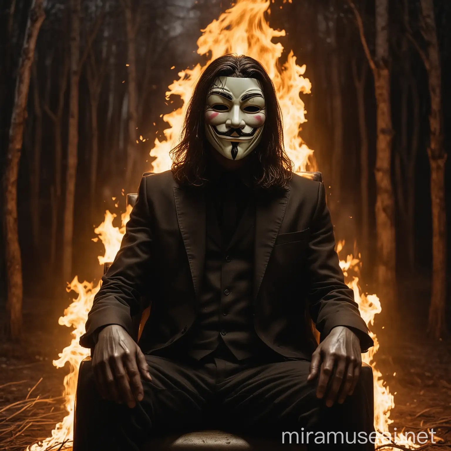 Um homem sentado em uma poltrona usando uma máscara anônima (V de Vingança) com cabelos longos e um terno de seda escura. Ao seu redor há chamas e ao fundo uma floresta queimando com uma luz suave.