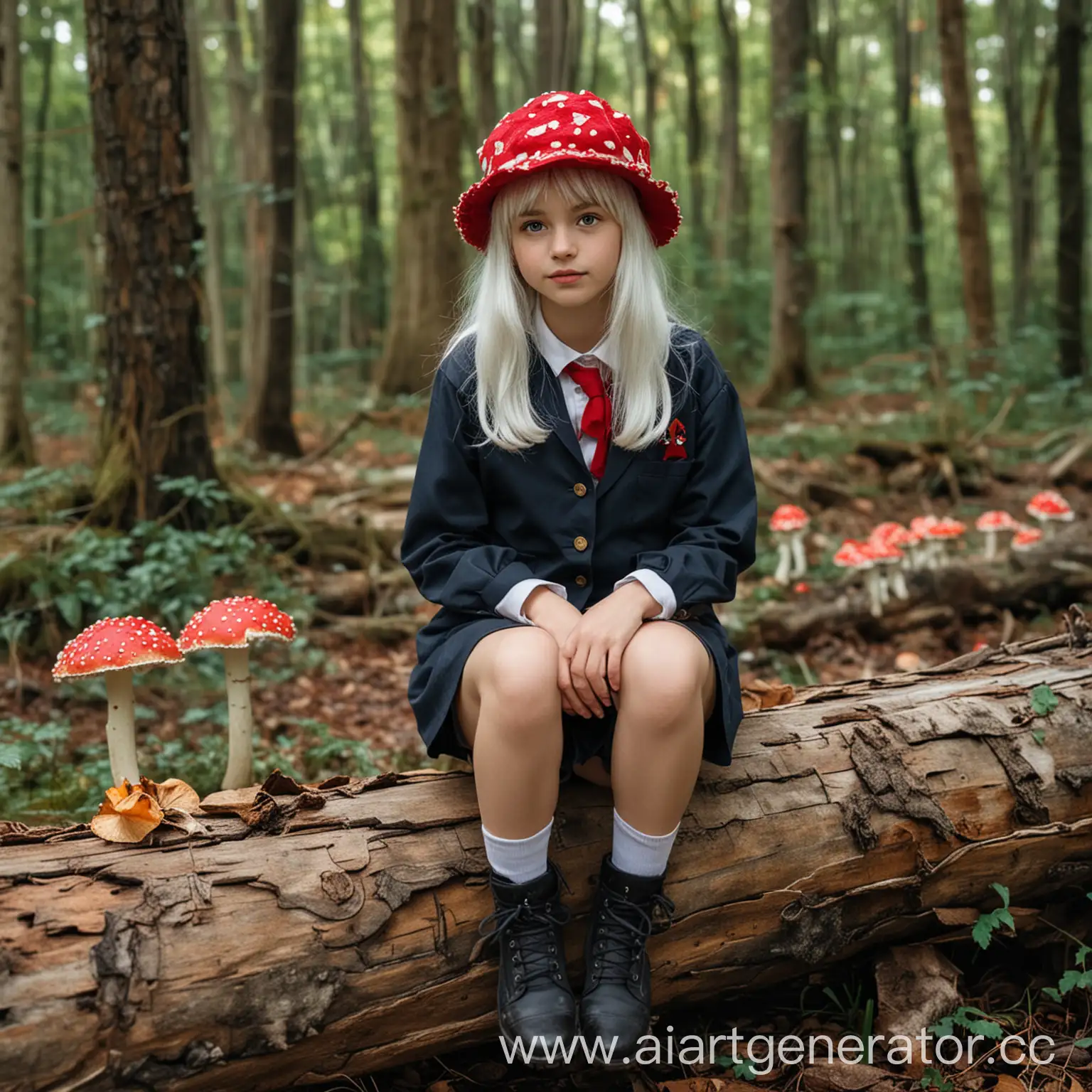 A white-haired girl is sitting in the forest on a fallen log. She's wearing a fly agaric hat and a school uniform.
