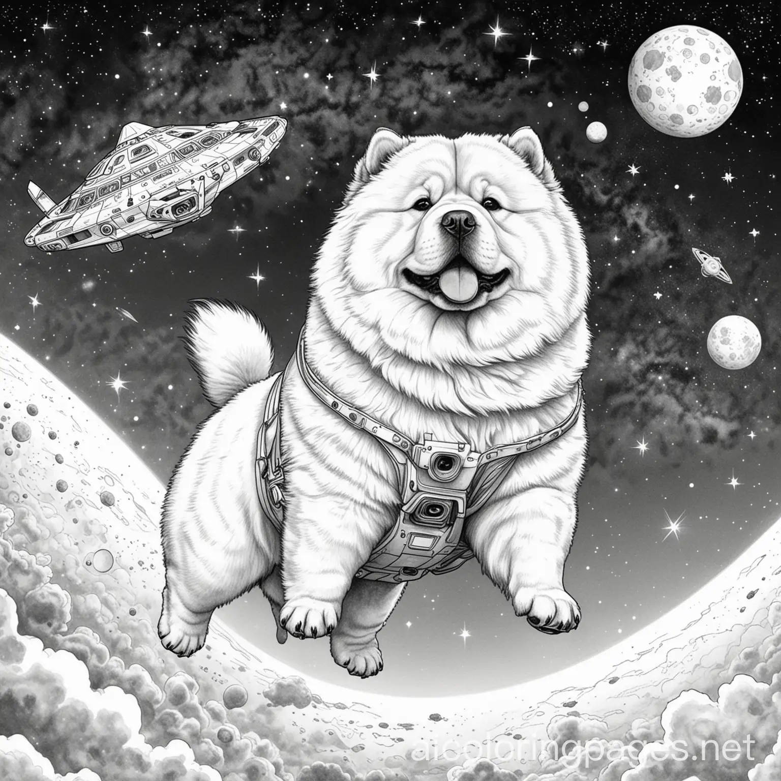 chowchow in space with UFO in the background, Coloring Page, black and white, line art, white background, Simplicity, Ample White Space. The background of the coloring page is plain white to make it easy for young children to color within the lines. The outlines of all the subjects are easy to distinguish, making it simple for kids to color without too much difficulty