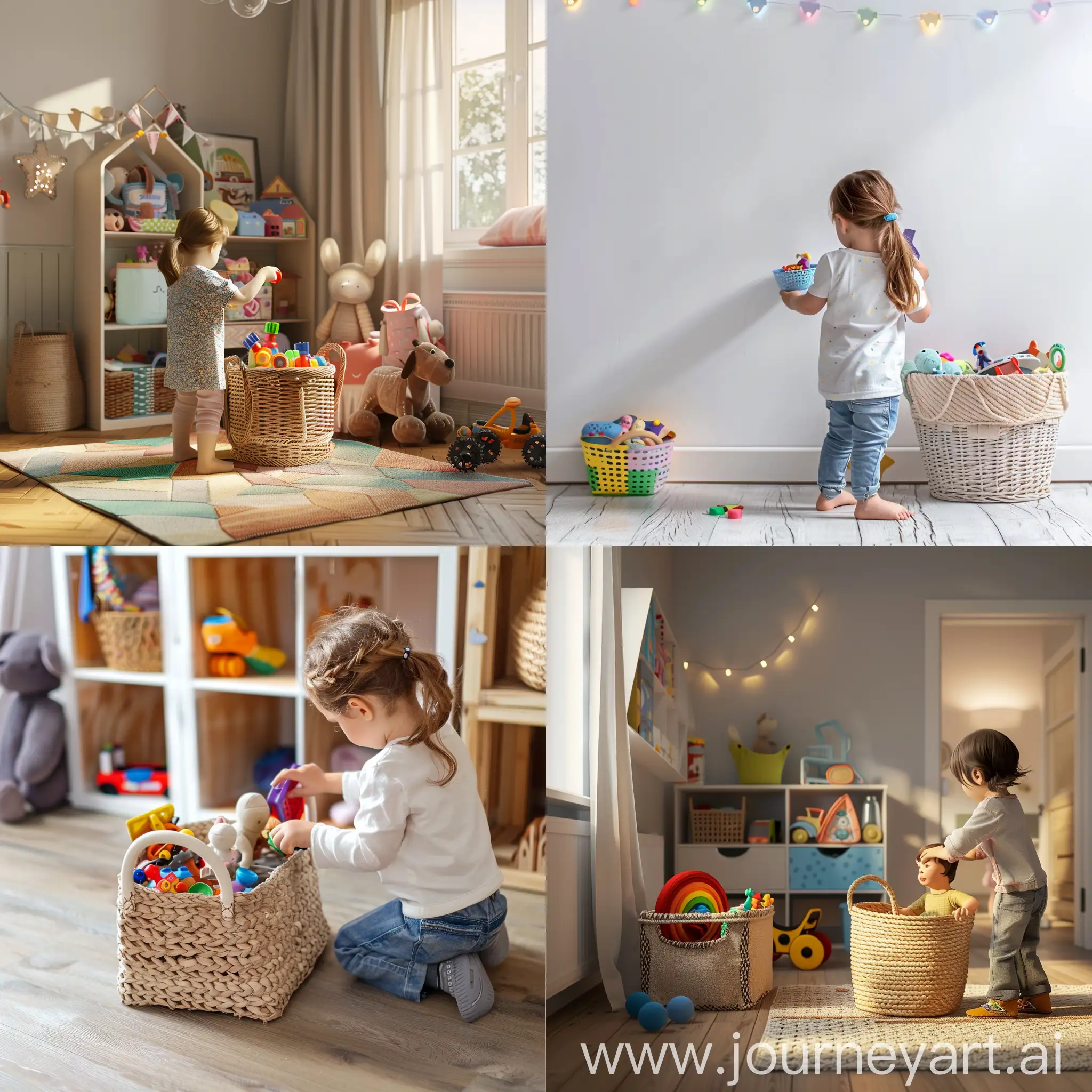 Ребенок складывает игрушки в корзину , в детской комнате . Высокое качество, реалистичное фото