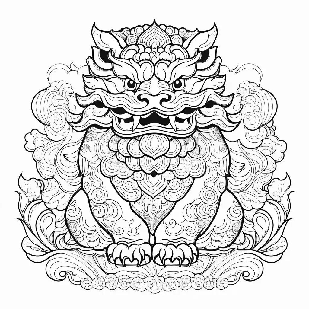 foo dogs tattoo, Coloring Page, black and white, line art, white background, Simplicity, Ample White Space. The background of the coloring page is plain white to make it easy for young children to color within the lines. The outlines of all the subjects are easy to distinguish, making it simple for kids to color without too much difficulty