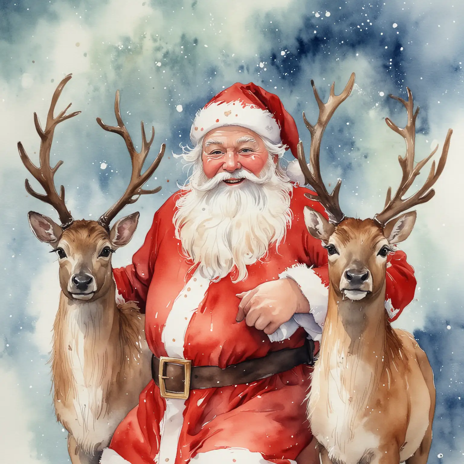 En glad jultomte med sina renar, I vattenfärg 
