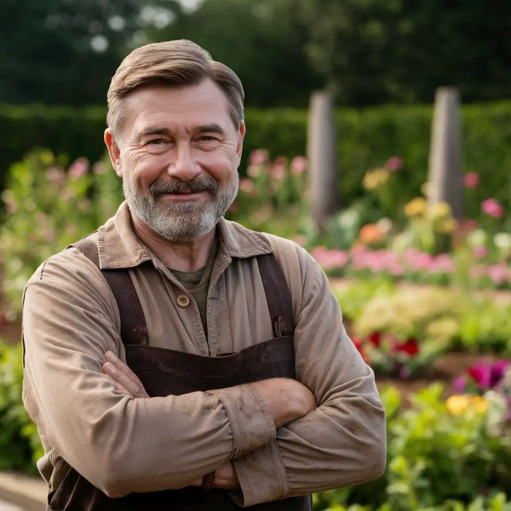 Russian man, 60-65 years old, gardener, smiling, looking at the lens