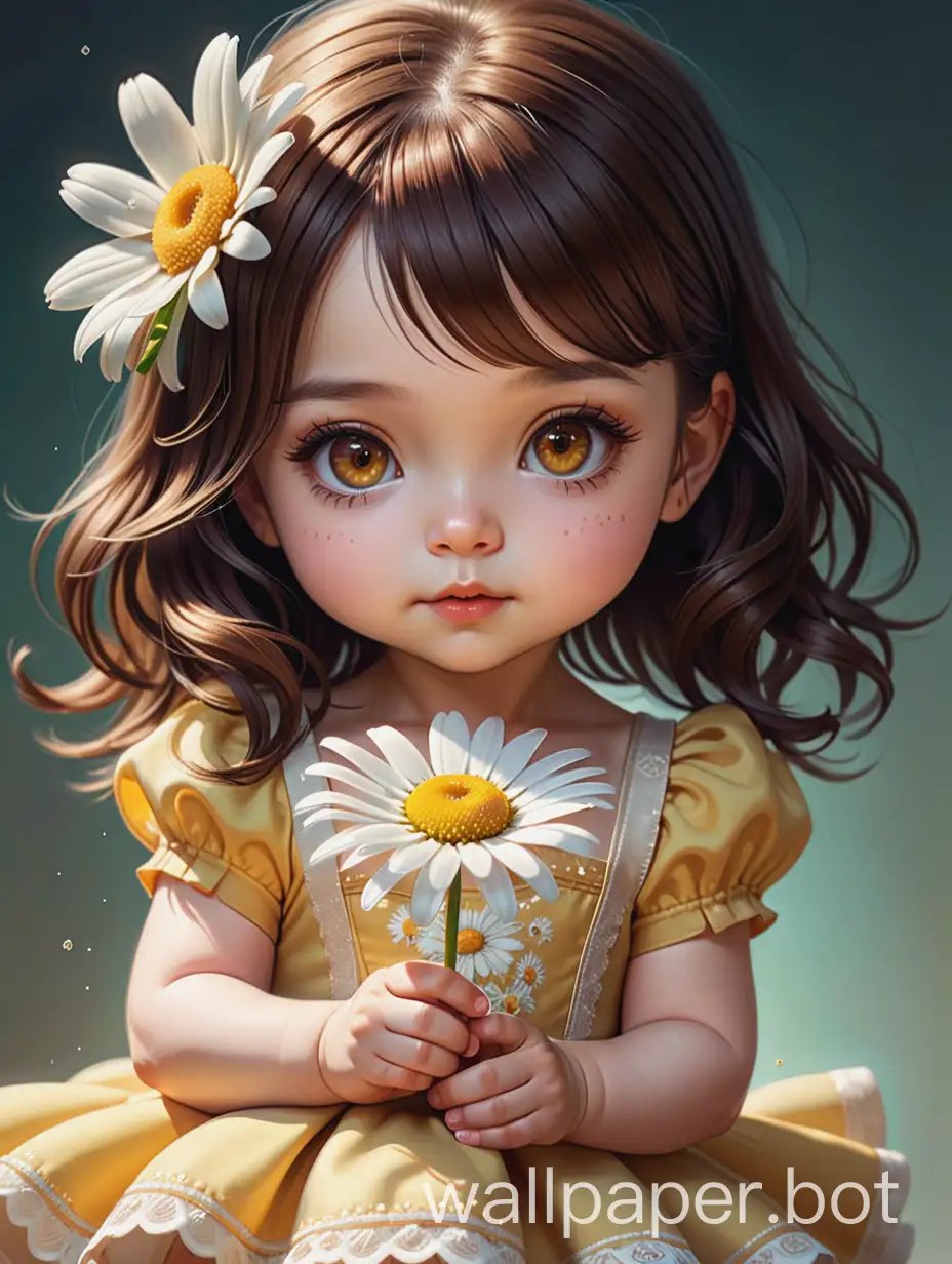 long growth. Hyper-realistic cinematic portrait of a cute tiny chibi girl, she hugs a daisy to smell it, highly detailed brown-yellow eyes on a charming, gentle face, mixing styles of Anna Dittmann, Brian Viveros, Hajime Sorayama, correct anatomy, volumetric lighting, natural light, whimsical vintage taffeta and embroidery dress.