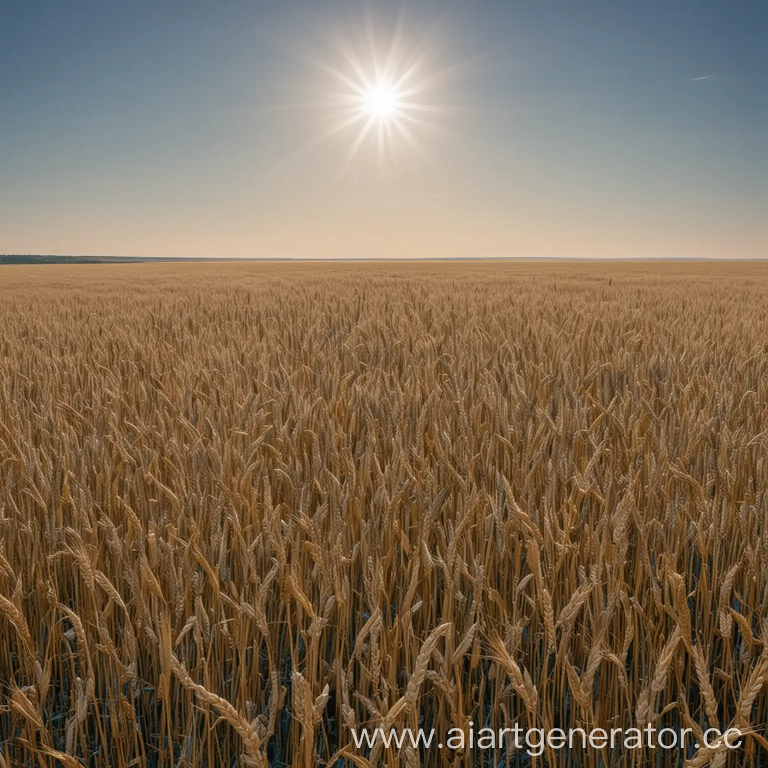 Endless fields of wheat, horizon not visible, blue sky, sun shining