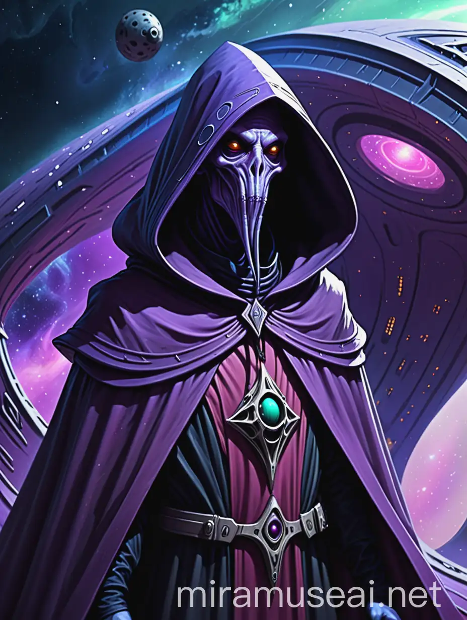 Illithid in hooded cloak, spaceship hull on background, cosmic