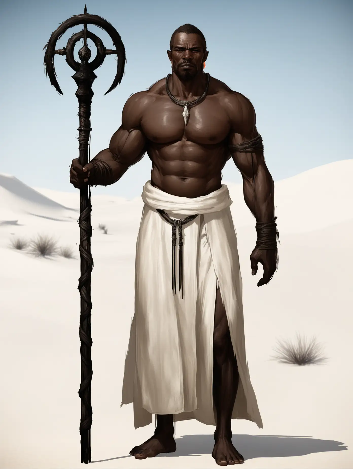 Чернокожий житель пустыни, бывший раб, высокий и мускулистый, простодушное лицо, походный посох, пустынные белые одеяния