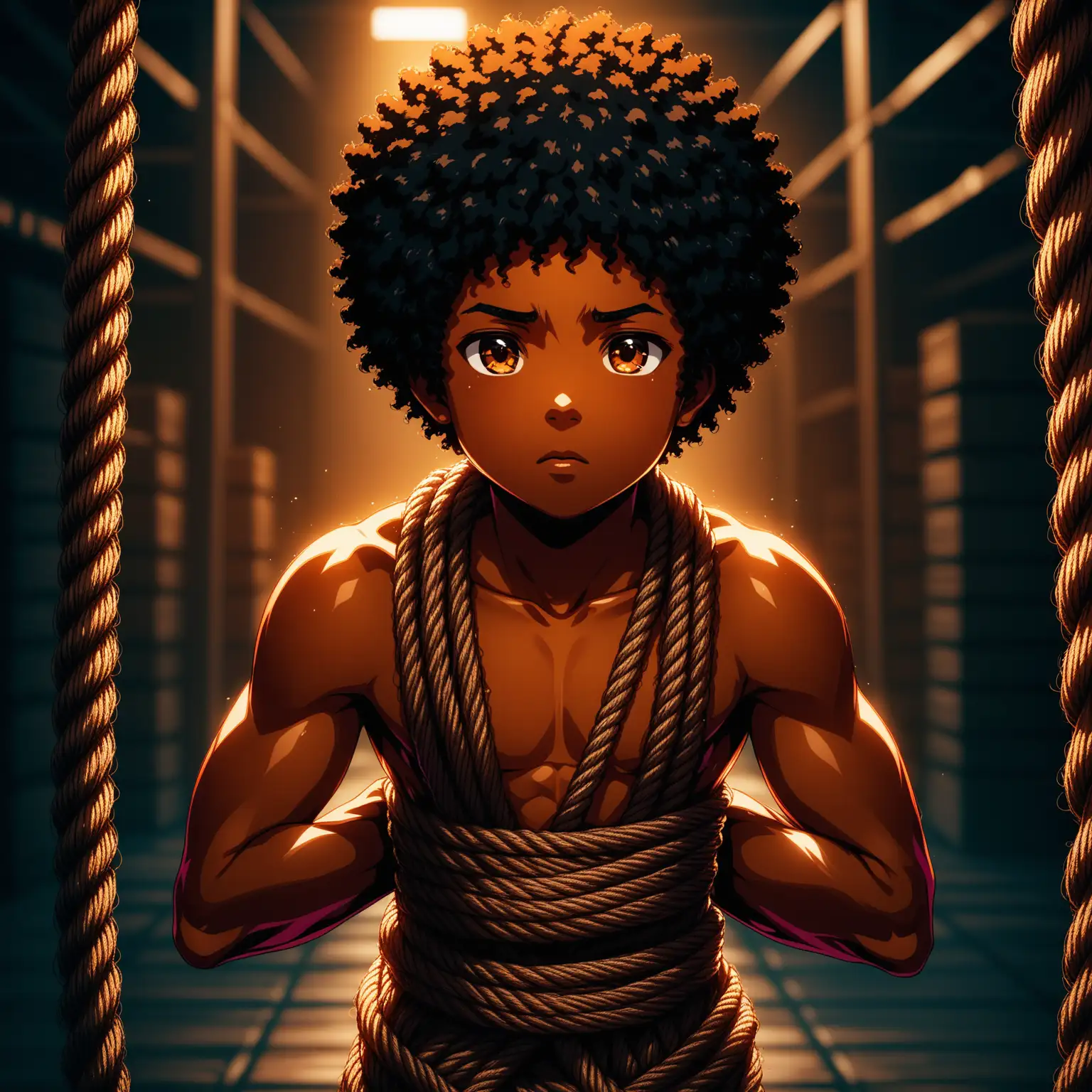 Innocent Boy Bound in Ropes Dark Warehouse Captivity Scene