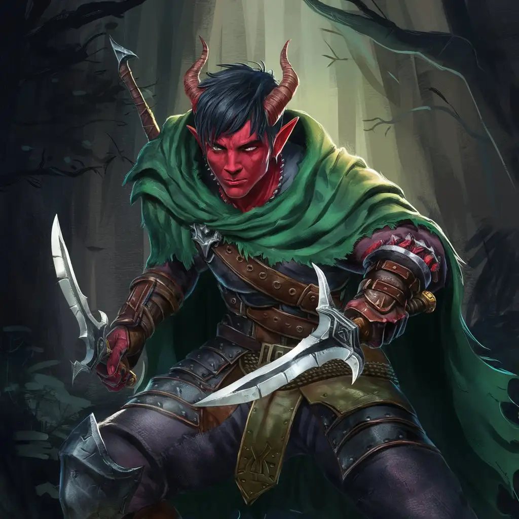 Draw a male tiefling in a green cloak, leather armor with horns on his head, holding two blades in his hands, and a square-shaped black hair with red skin and demon-like horns.