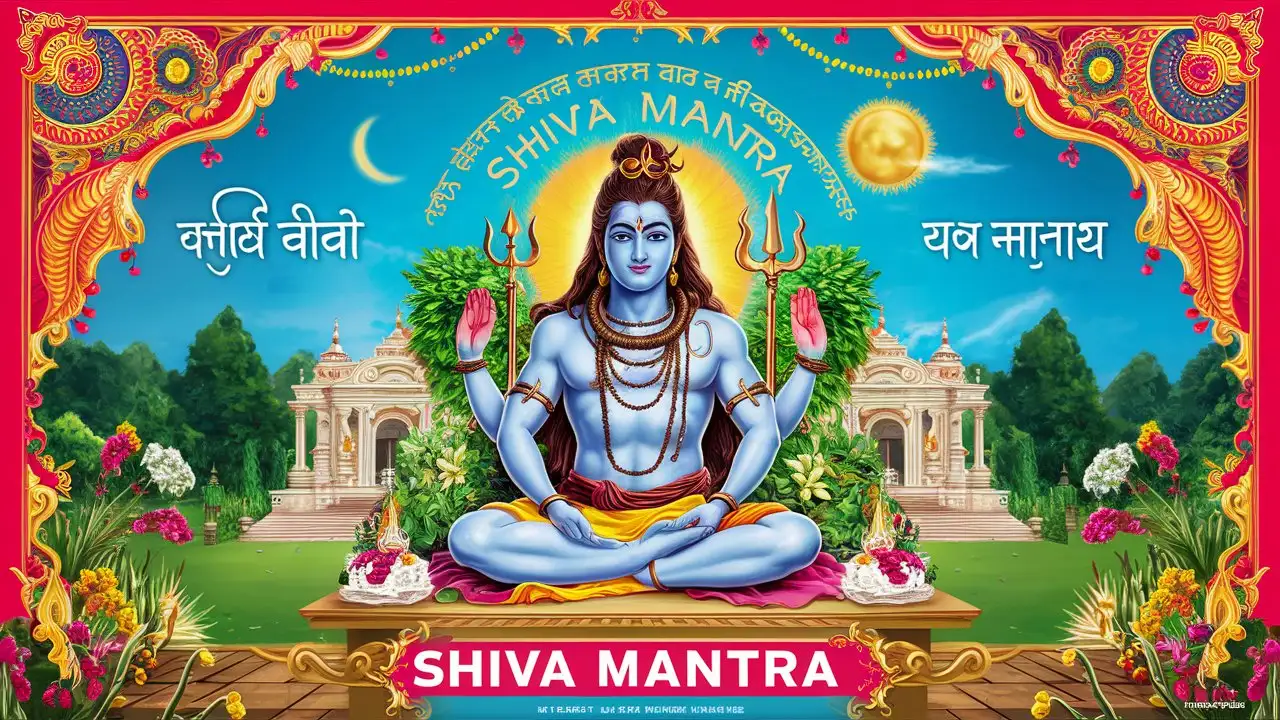 Create a Bollywood type poster of Lord Shiva, titled: "Shiva Mantra" 
with garden, temple, sun, colorful splendor and graphics,
The following words are also written in that poster

“मृत्युञ्जयाय रुद्राय नीलकन्ताय शंभवे
अमृतेषाय सर्वाय महादेवाय ते नमः”
