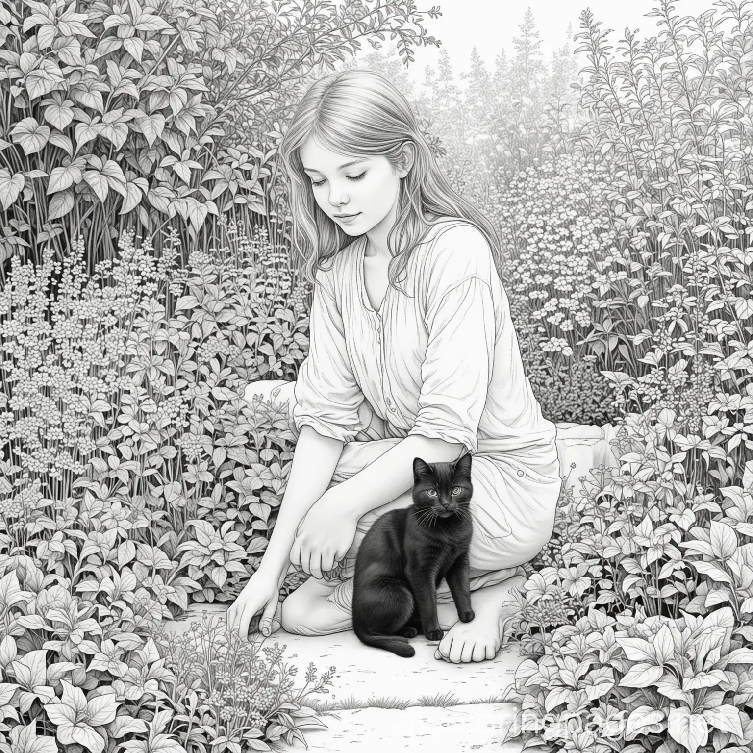 Kitty with girl in garden
, Coloring Page, black and white, line art, white background, Simplicity, Ample White Space. The background of the coloring page is plain white to make it easy for young children to color within the lines. The outlines of all the subjects are easy to distinguish, making it simple for kids to color without too much difficulty