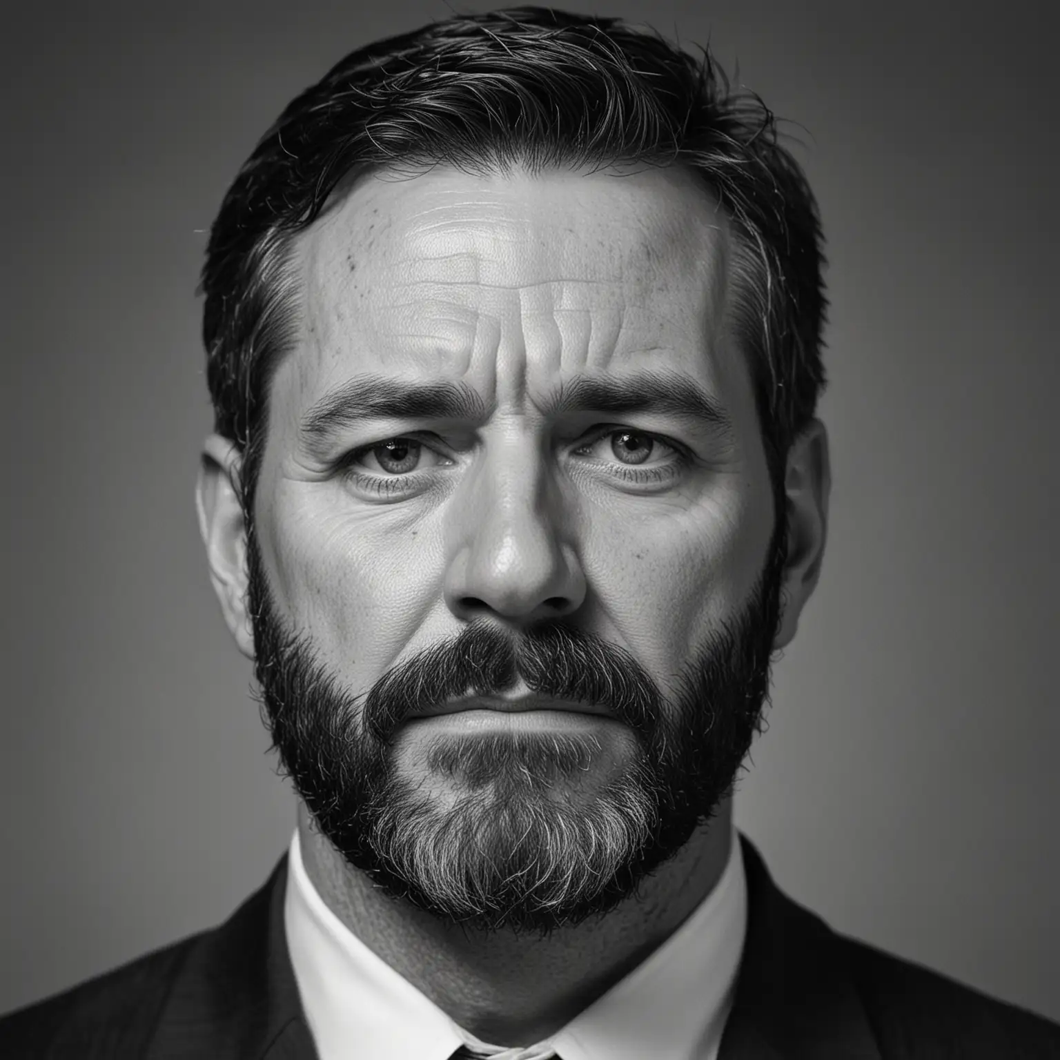 A federal agent in his early 50s with a close cropped beard, he has a blank and dead eyed expression. Grayscale image.