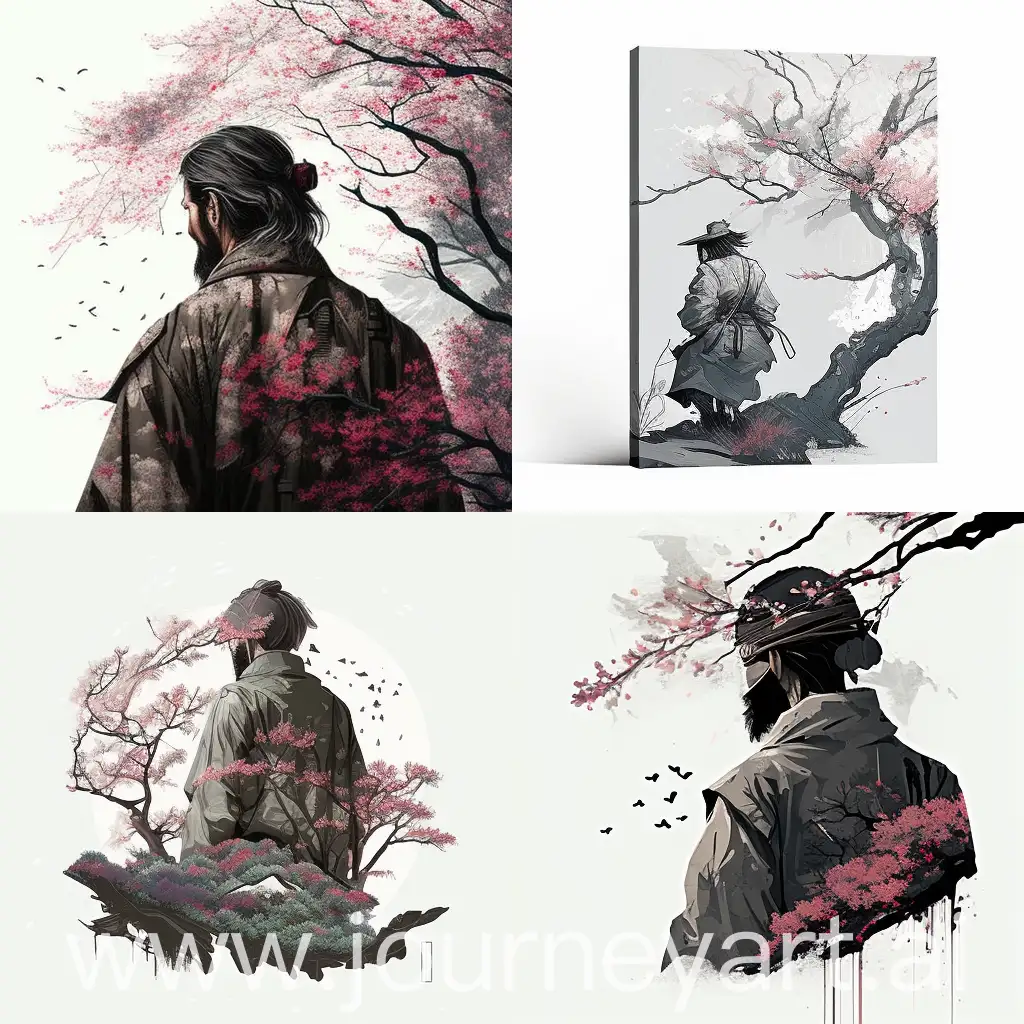 Mountain man in kimono (focus) looking at tree in large cherry blossom tree, falling cherry blossom petals, wild bush head, stylish artistic simple style storybook. Background gray