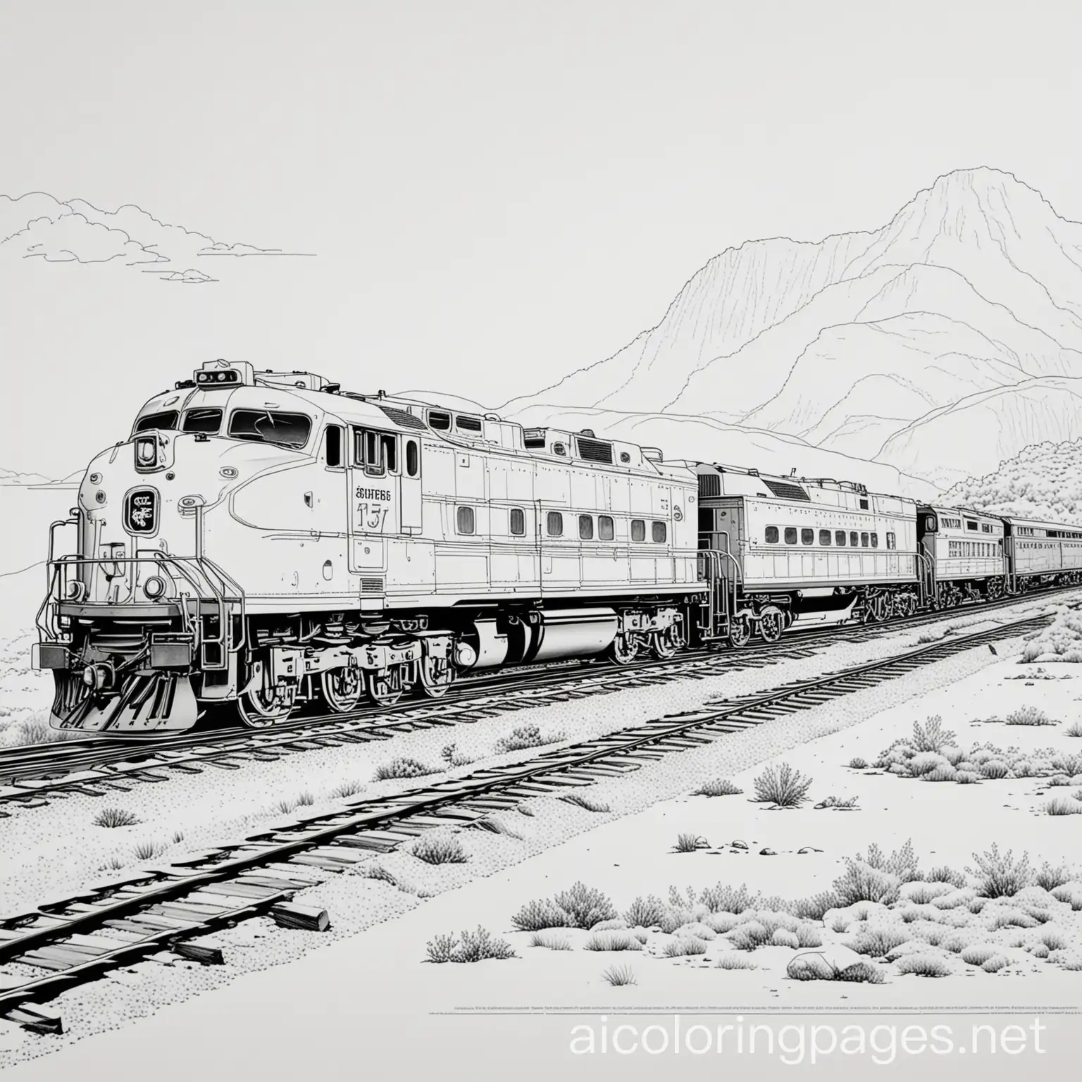 Southern pacific train, Coloring Page, black and white, line art, white background, Simplicity, Ample White Space. The background of the coloring page is plain white to make it easy for young children to color within the lines. The outlines of all the subjects are easy to distinguish, making it simple for kids to color without too much difficulty