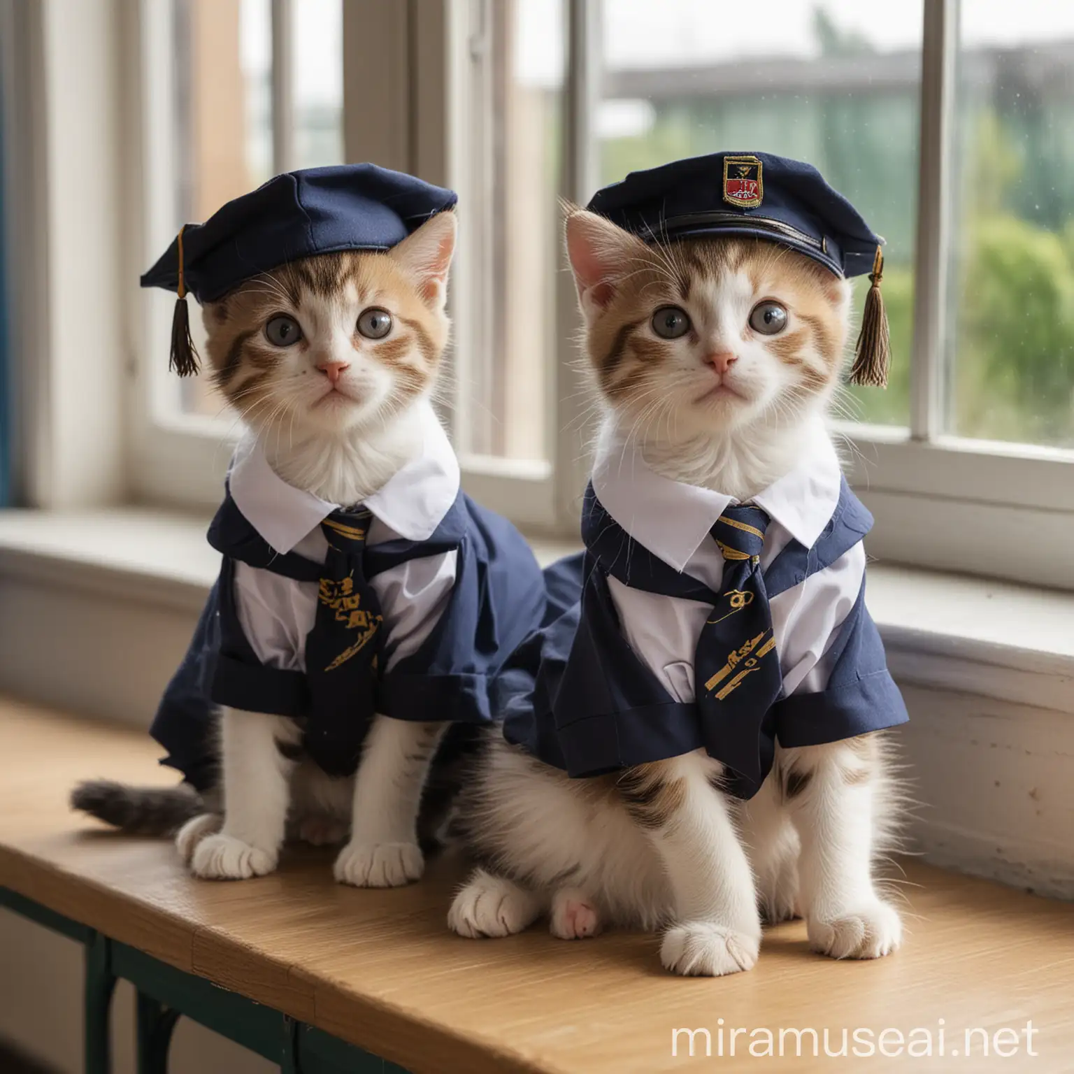 two kitten in school uniform with cap, sitting in classroom with windows open