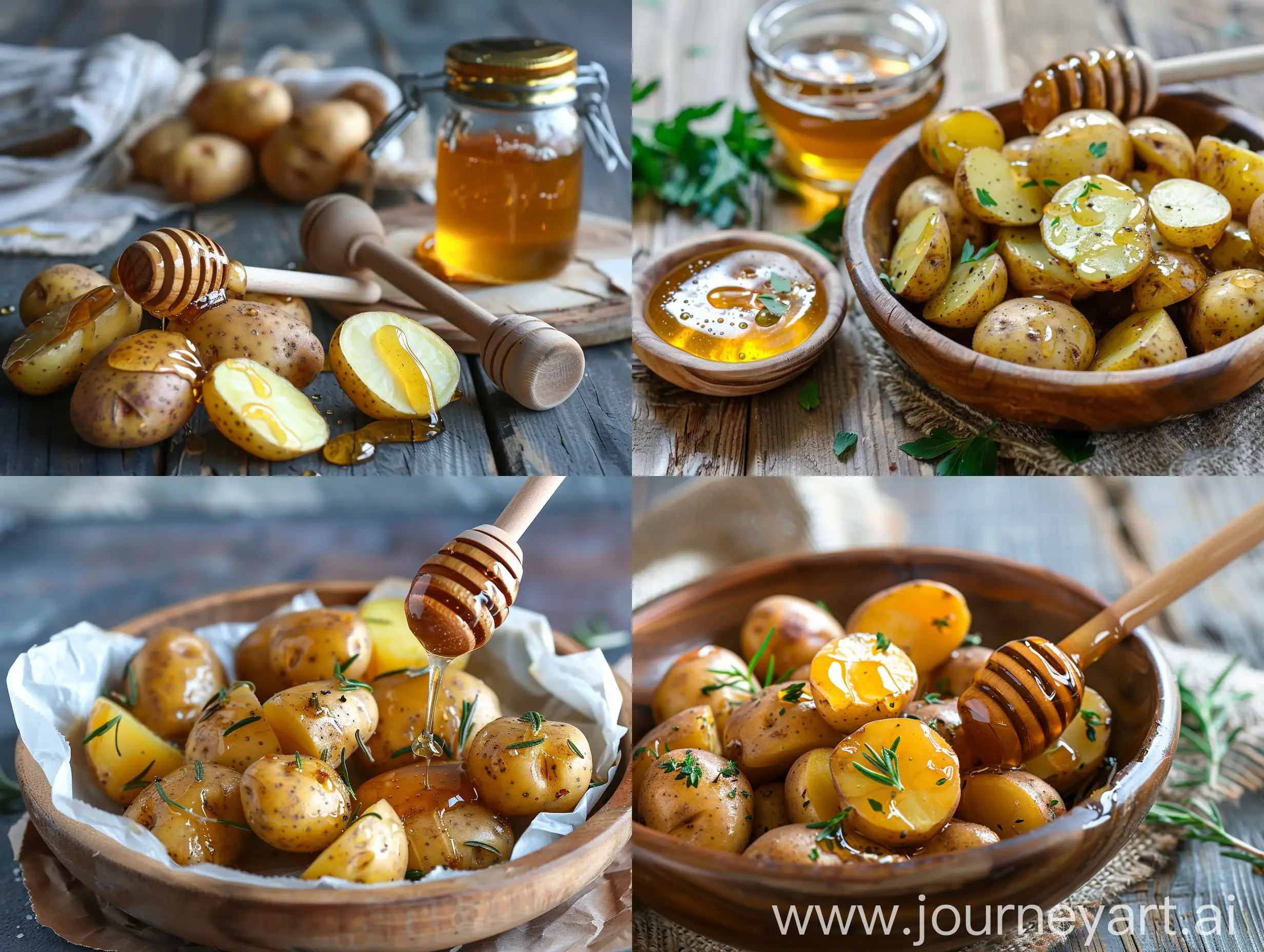 Attractive advertising photo of potatoes with honey