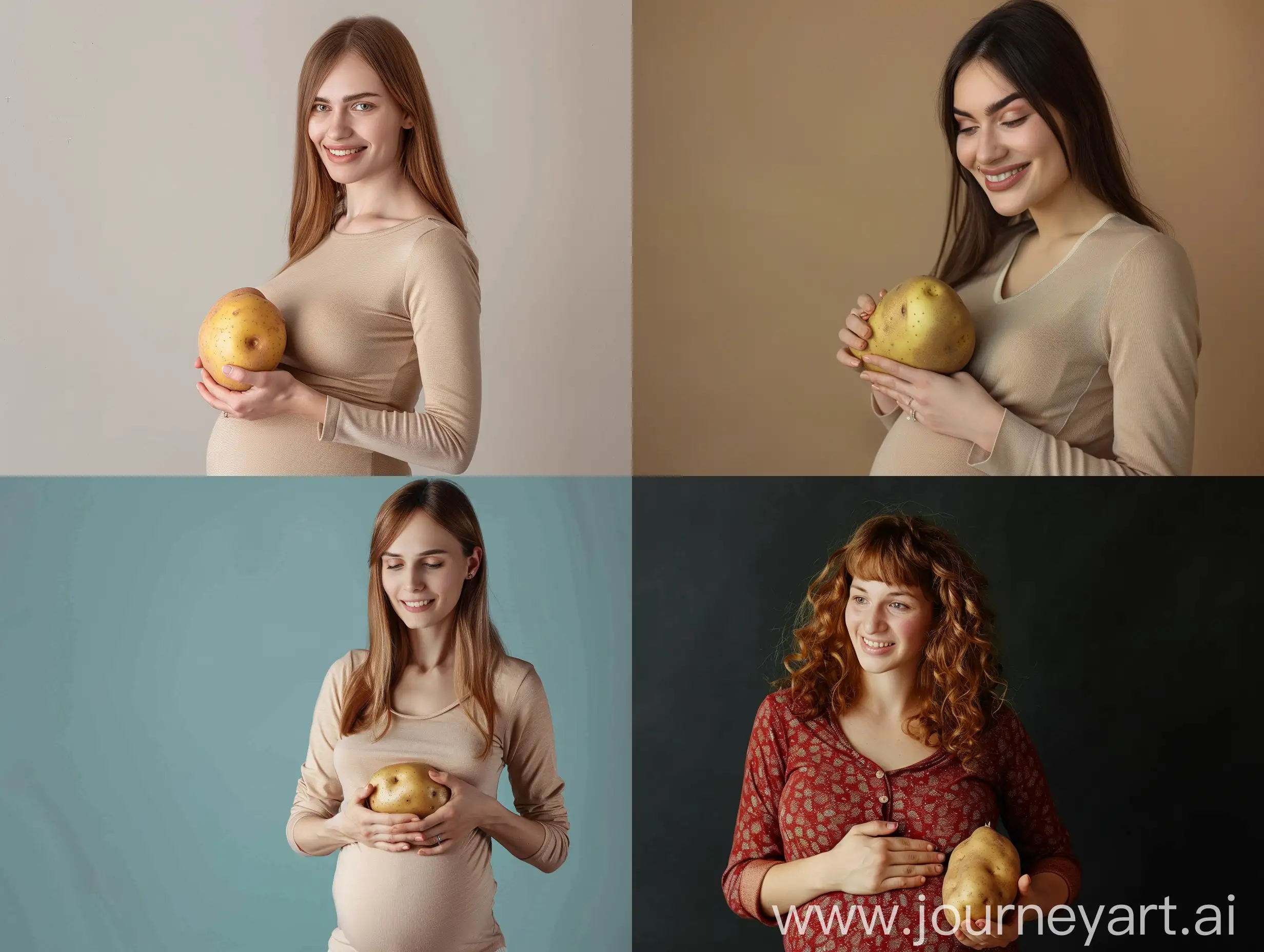 An attractive advertising photo of a pregnant woman holding a potato