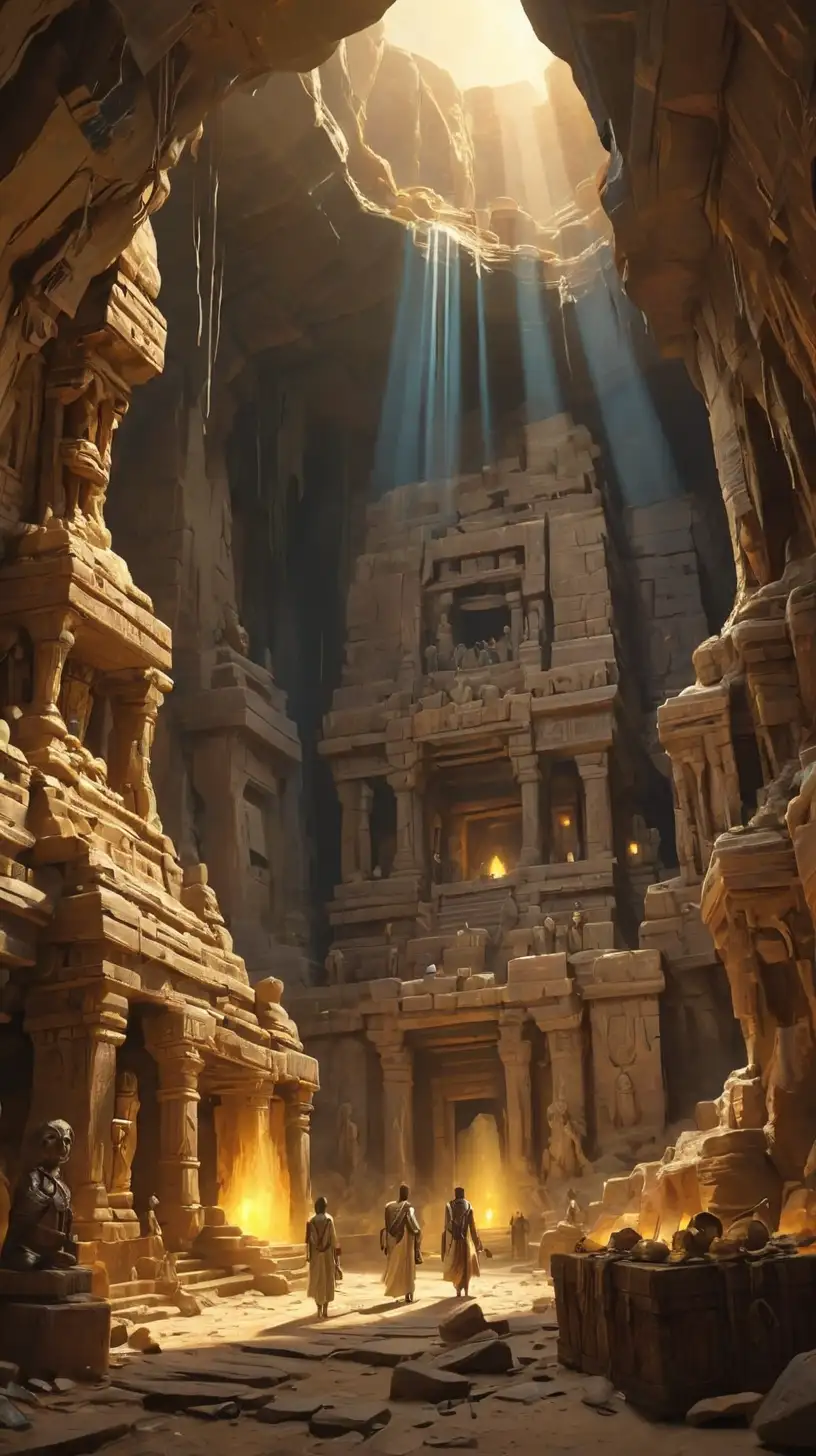 A vast, ancient temple complex carved into a sun-baked African cliff face. Golden light streams through a hidden opening, illuminating a cavern filled with overflowing chests and glittering jewels. Skeletal figures, some in tattered explorer garb and others in ceremonial robes, lie scattered around the treasure, their expressions a mix of awe and despair.