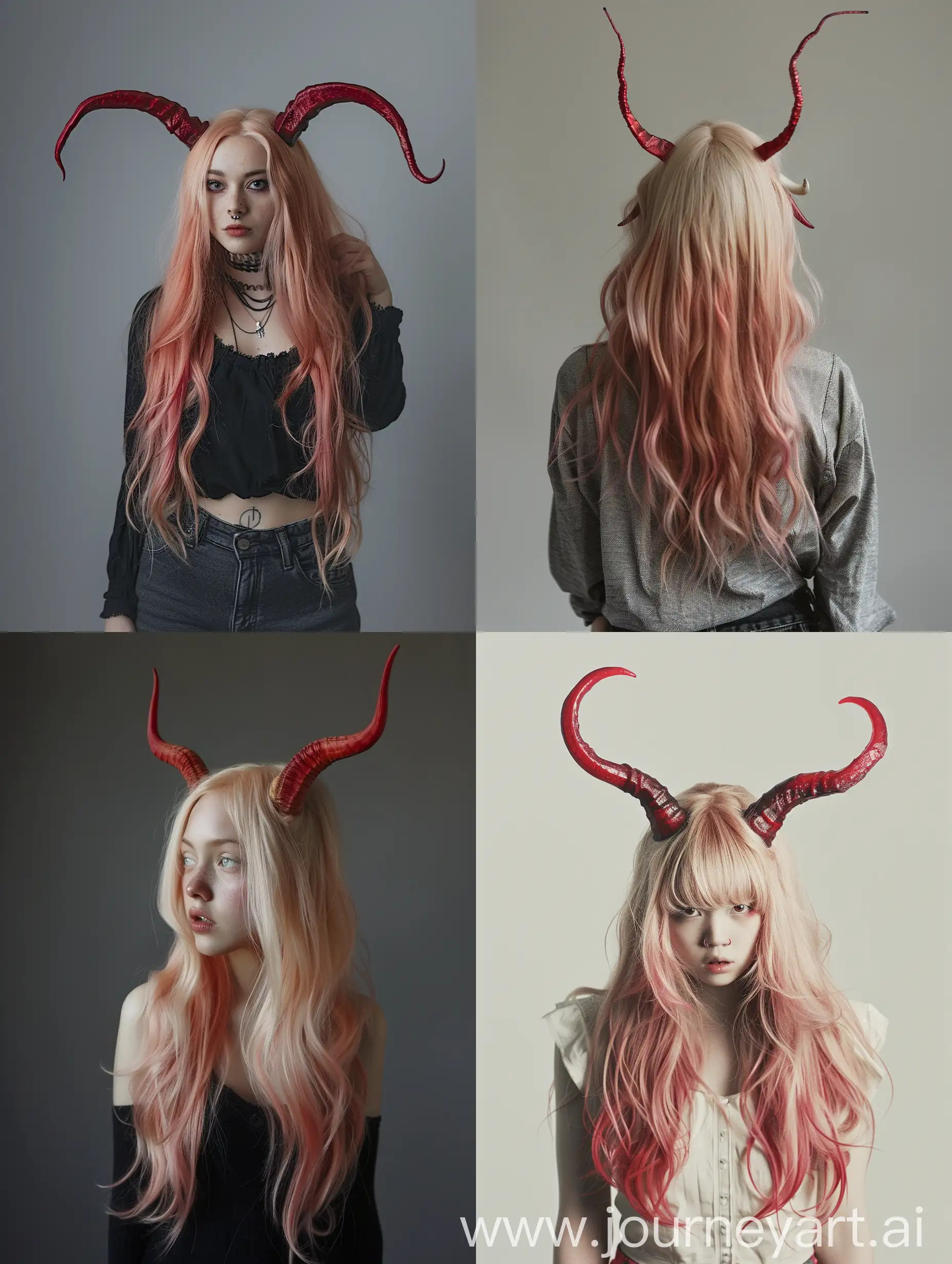 Woman with long blonde pinkish hair with red horns, photo, waist up, lighting, composition --v 6