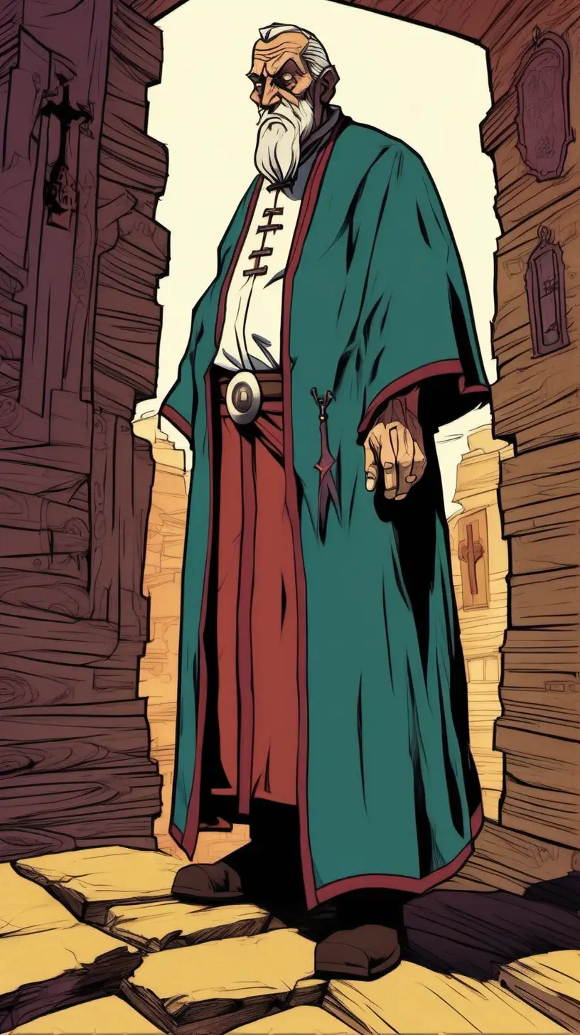 Cartoony Interior CloseUp Old Western Priest in Thought