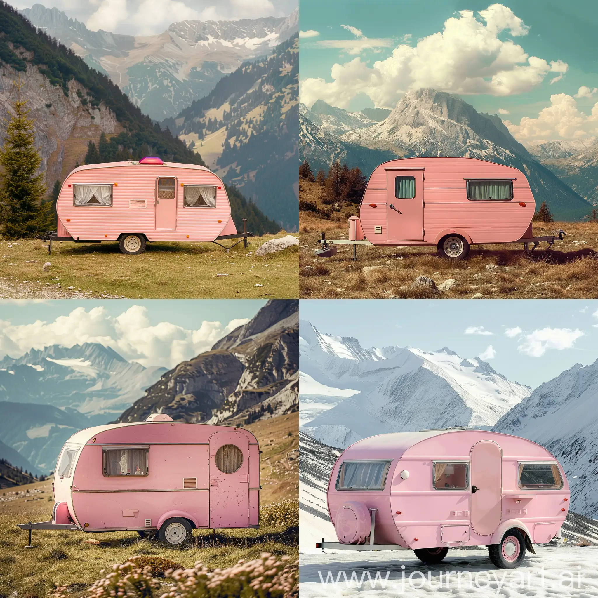 Vintage-Glitter-Pink-Caravan-in-Mountainous-Landscape