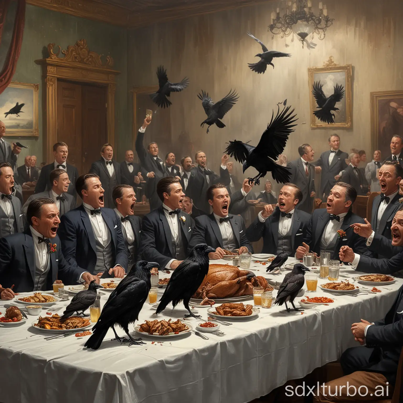 A crow sits on a set table and pecks at a large roast. Men in suits are sitting at the table, they shout at each other. Vultures fly above the scene.