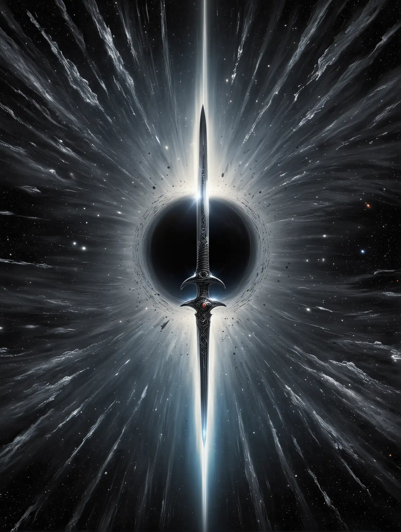 Cosmic-Black-Hole-with-Silver-Sword-at-Event-Horizon