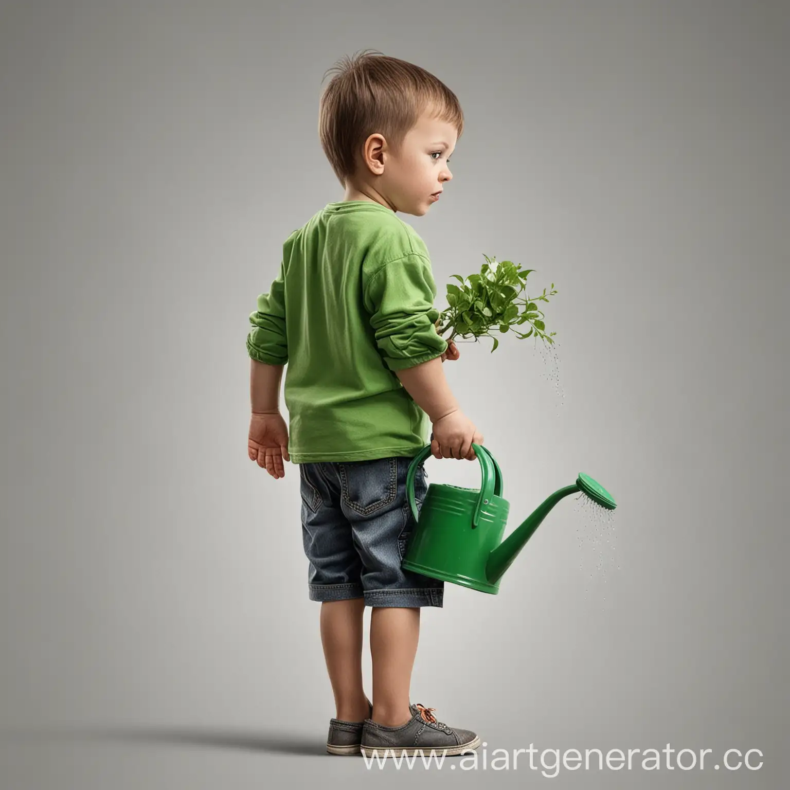 реалистичная картинка маленький мальчик с зеленой лейкой в профиль стоит без фона 