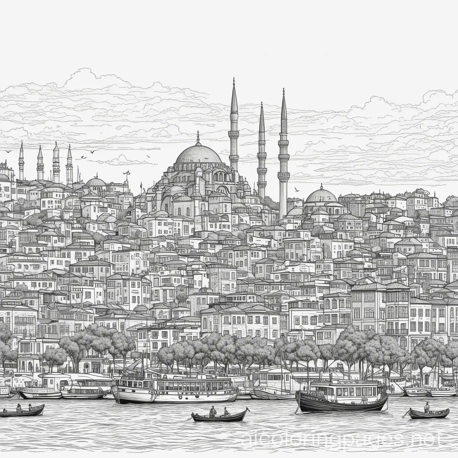 istanbul, Coloring Page, black and white, line art, white background, Simplicity, Ample White Space. The background of the coloring page is plain white to make it easy for young children to color within the lines. The outlines of all the subjects are easy to distinguish, making it simple for kids to color without too much difficulty