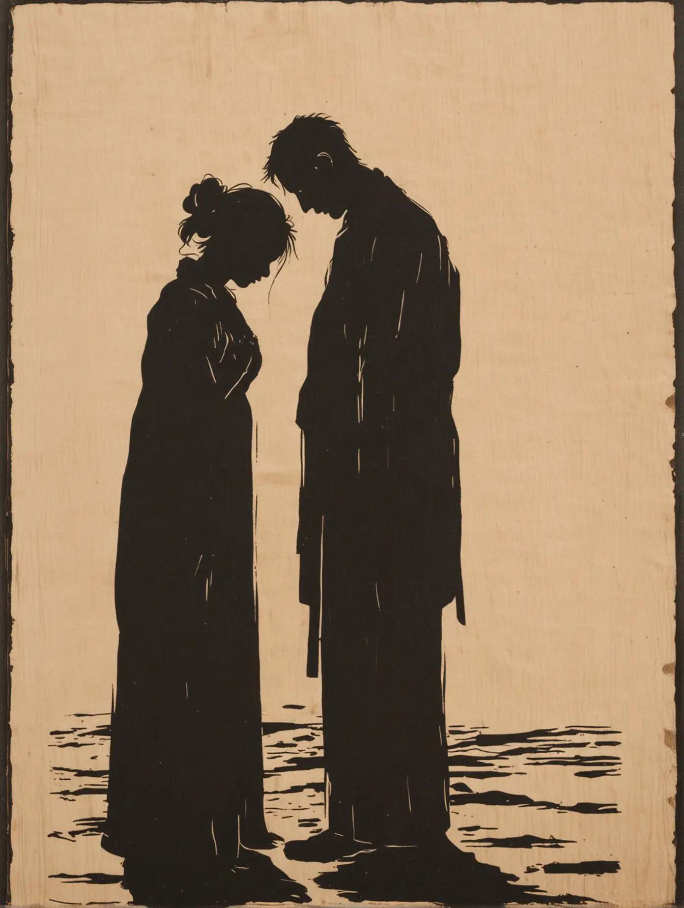 A simple woodblock print in the lines of a silhouette of a woman and a man with head bowed down
