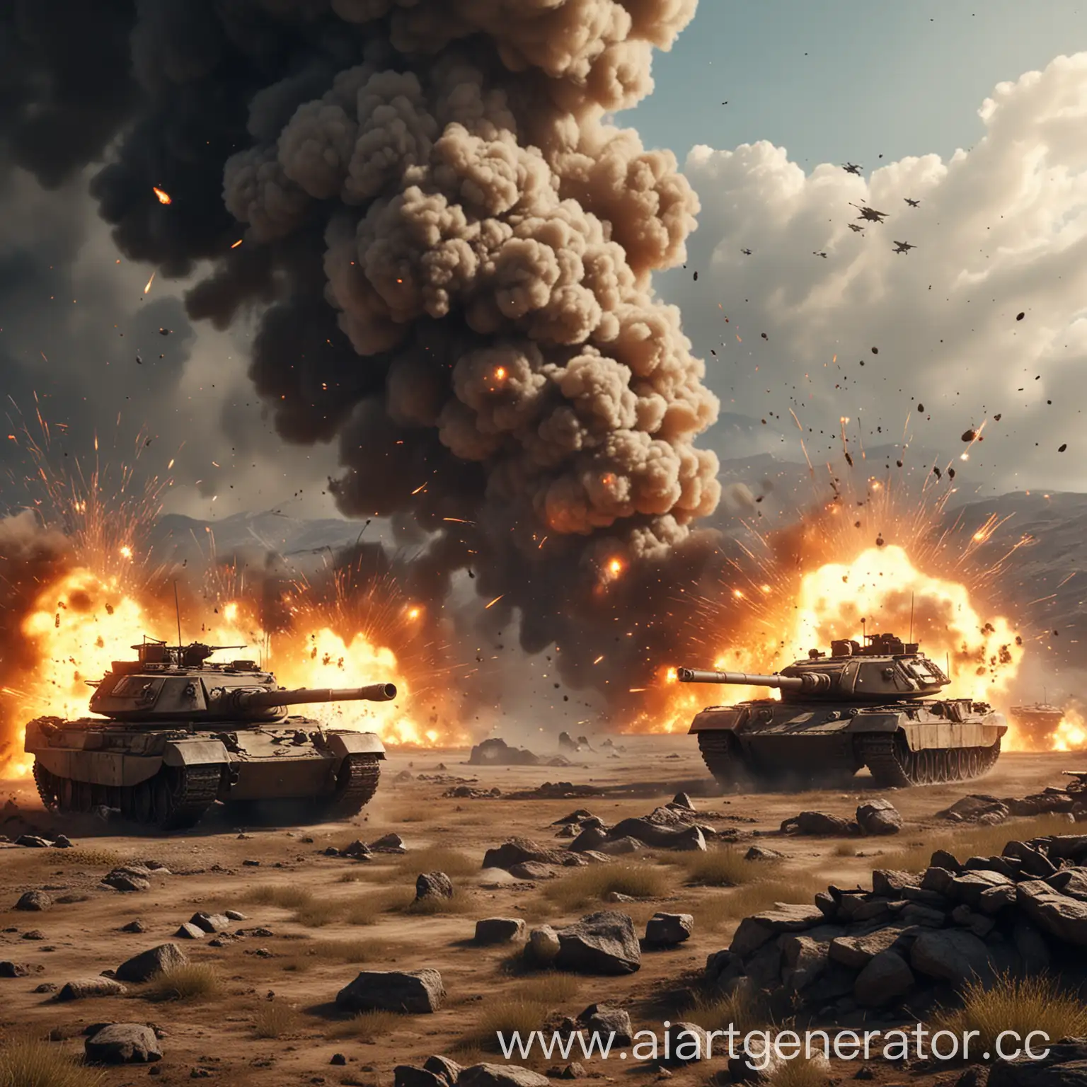 танки на поле сражения в стиле игры, взрывы, огонь, динамика