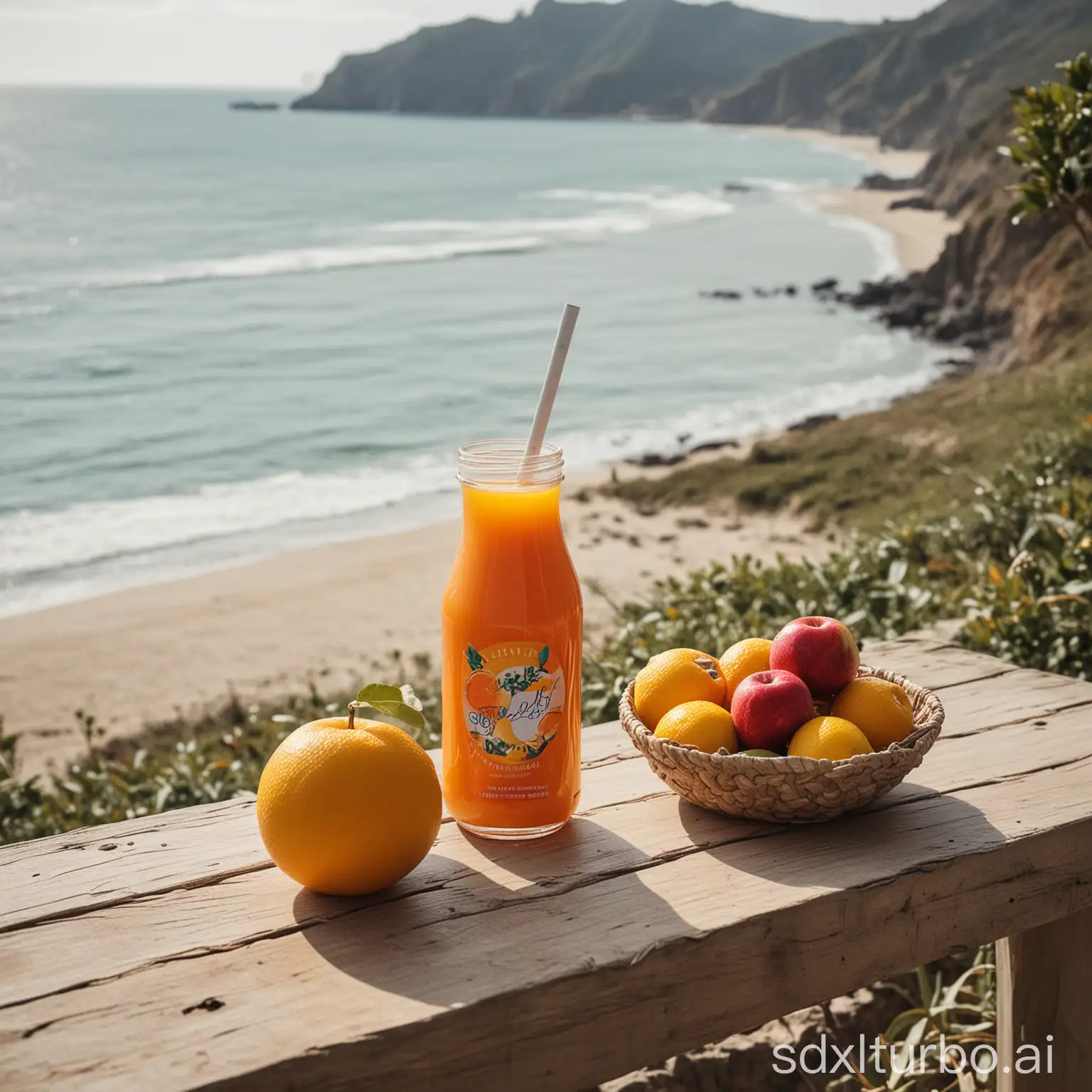 a lifestyle fruit juice with a seaside view